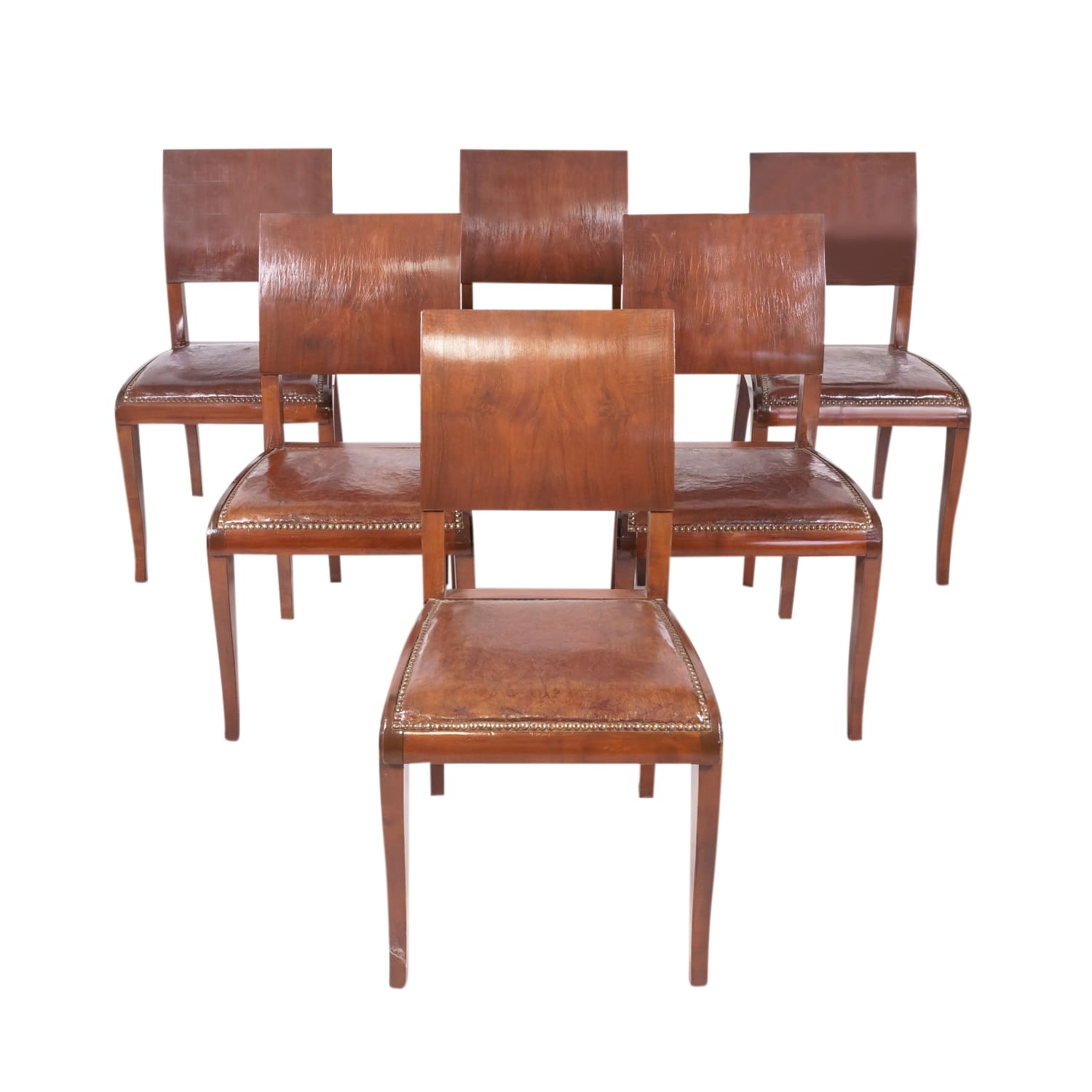 Set of 6 French Art Deco Period Leather and Walnut Side Dining Chairs