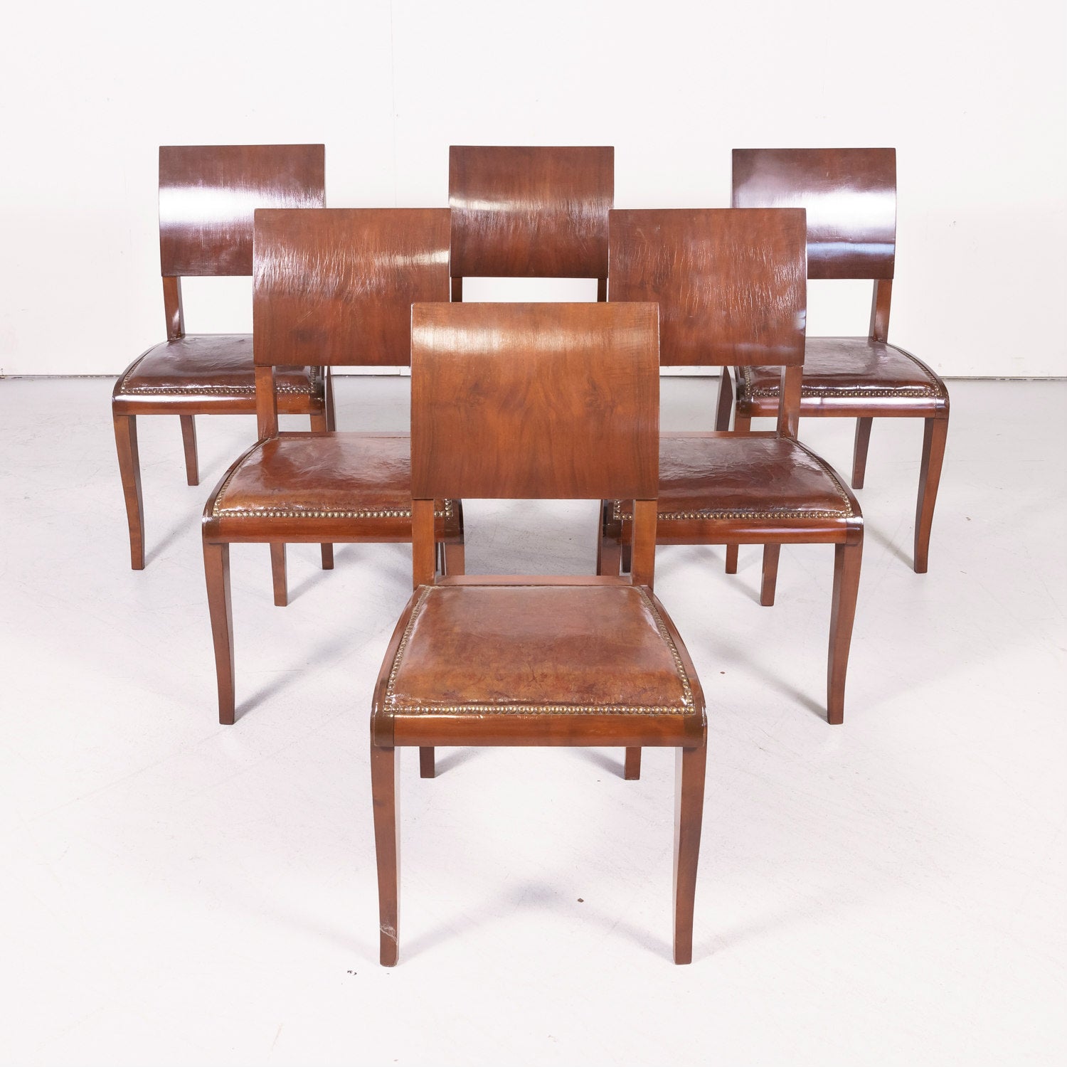 Set of 6 French Art Deco Period Leather and Walnut Side Dining Chairs