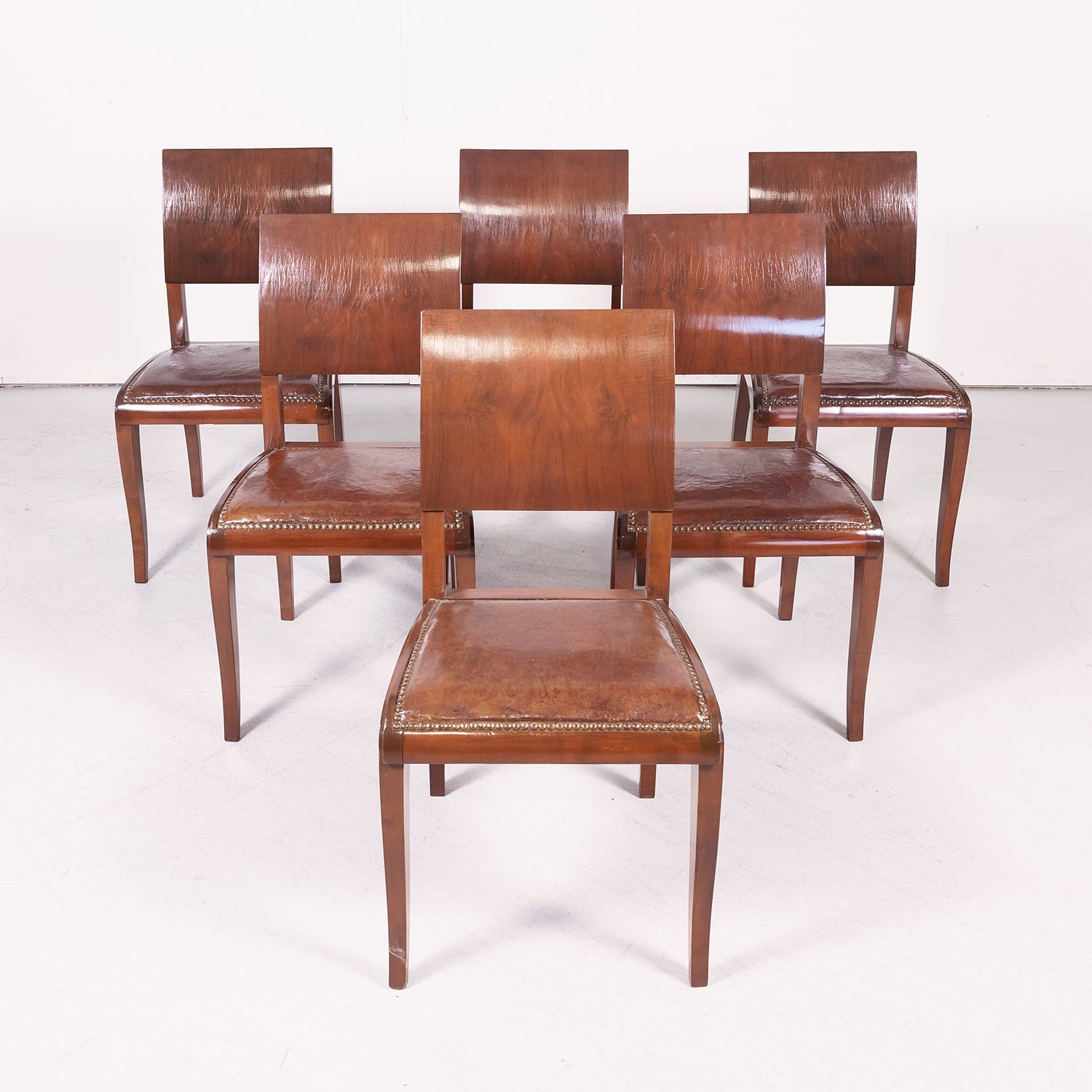 Set of 6 French Art Deco Period Leather and Walnut Side Dining Chairs