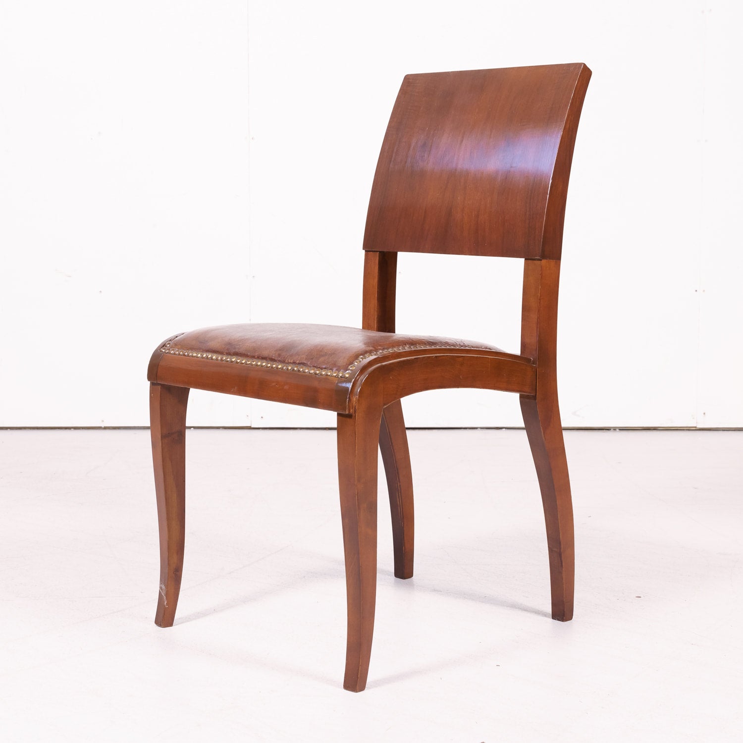 Set of 6 French Art Deco Period Leather and Walnut Side Dining Chairs