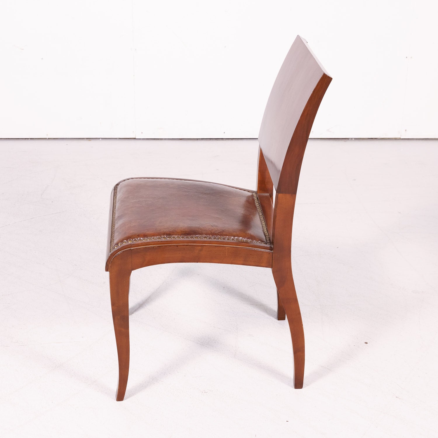Set of 6 French Art Deco Period Leather and Walnut Side Dining Chairs
