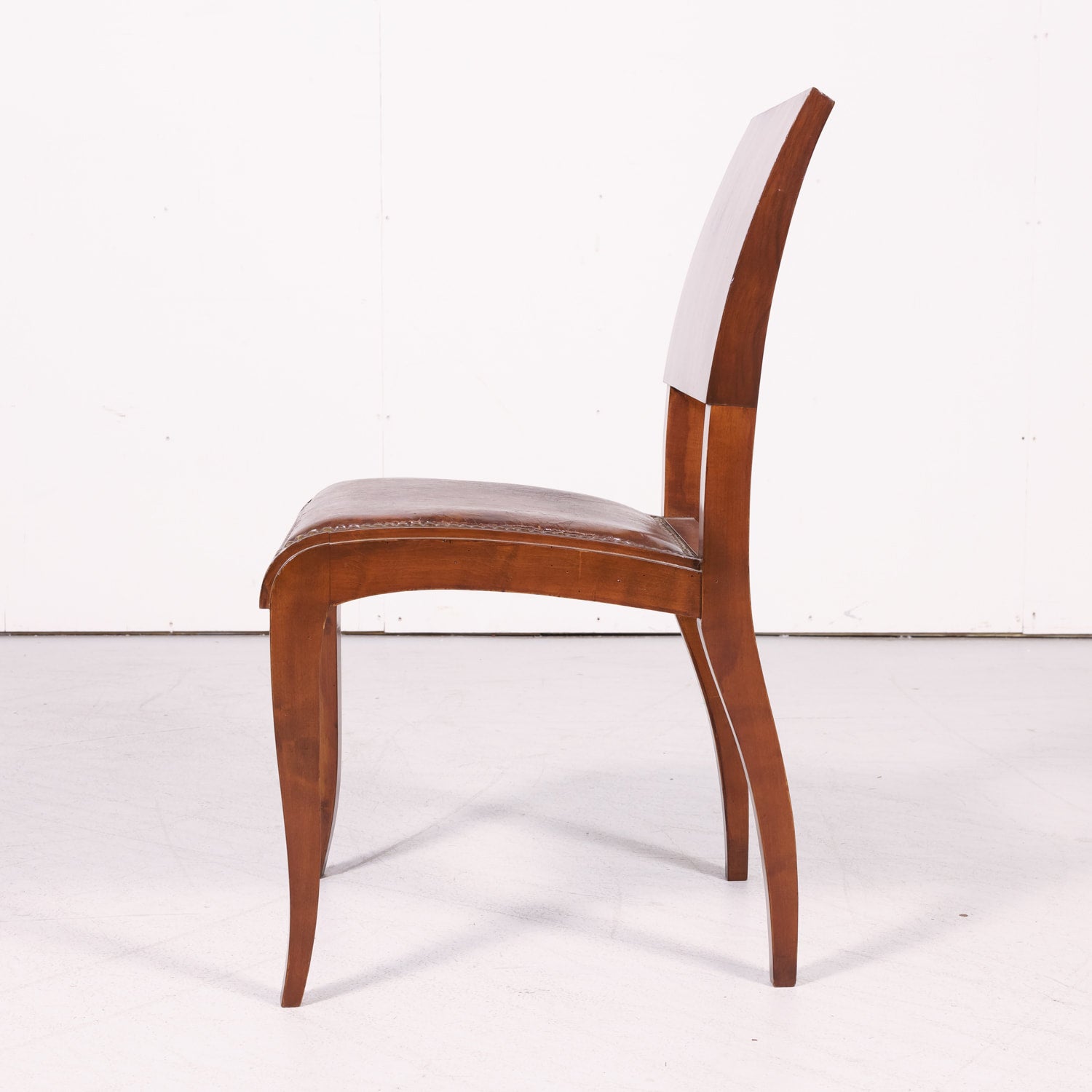 Set of 6 French Art Deco Period Leather and Walnut Side Dining Chairs