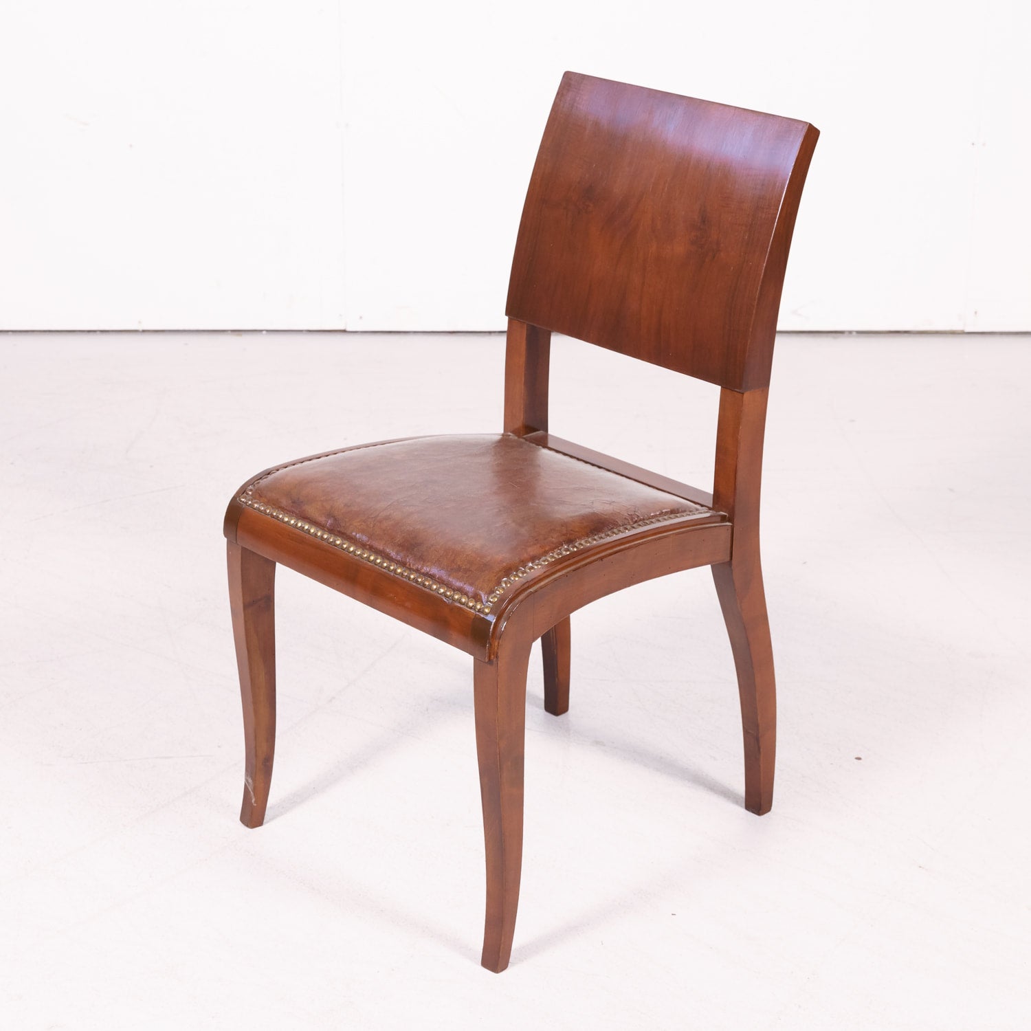 Set of 6 French Art Deco Period Leather and Walnut Side Dining Chairs