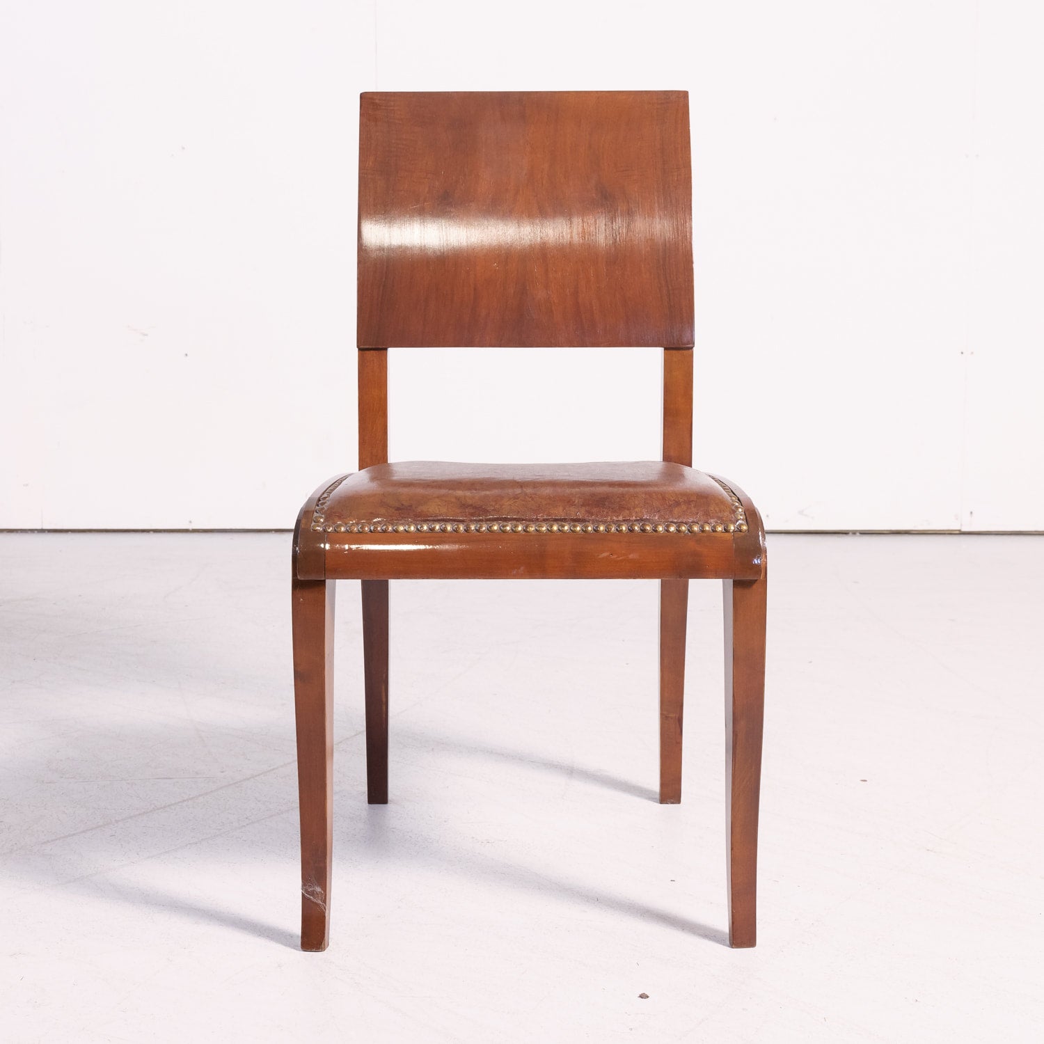 Set of 6 French Art Deco Period Leather and Walnut Side Dining Chairs