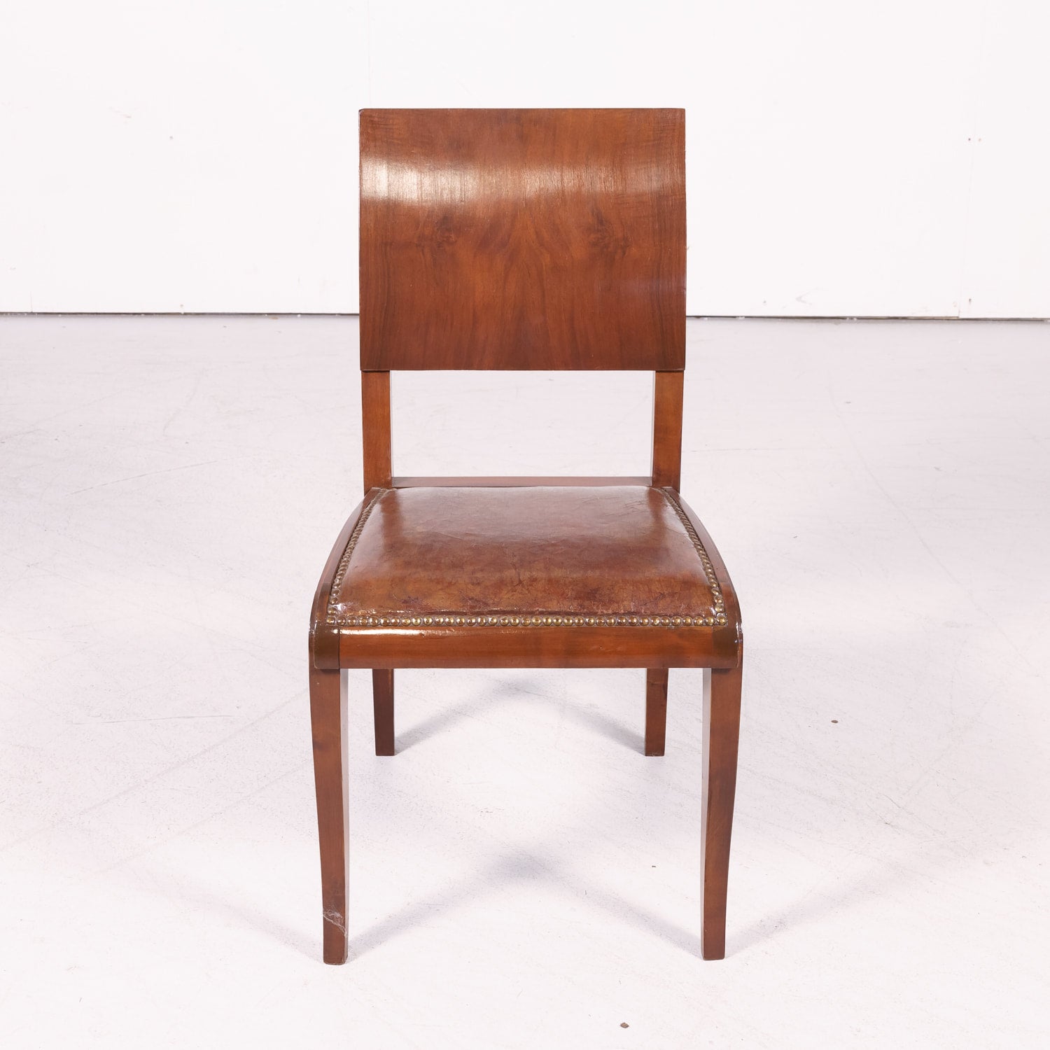 Set of 6 French Art Deco Period Leather and Walnut Side Dining Chairs