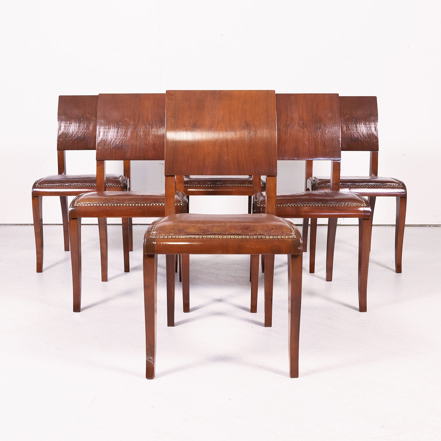 Set of 6 French Art Deco Period Leather and Walnut Side Dining Chairs