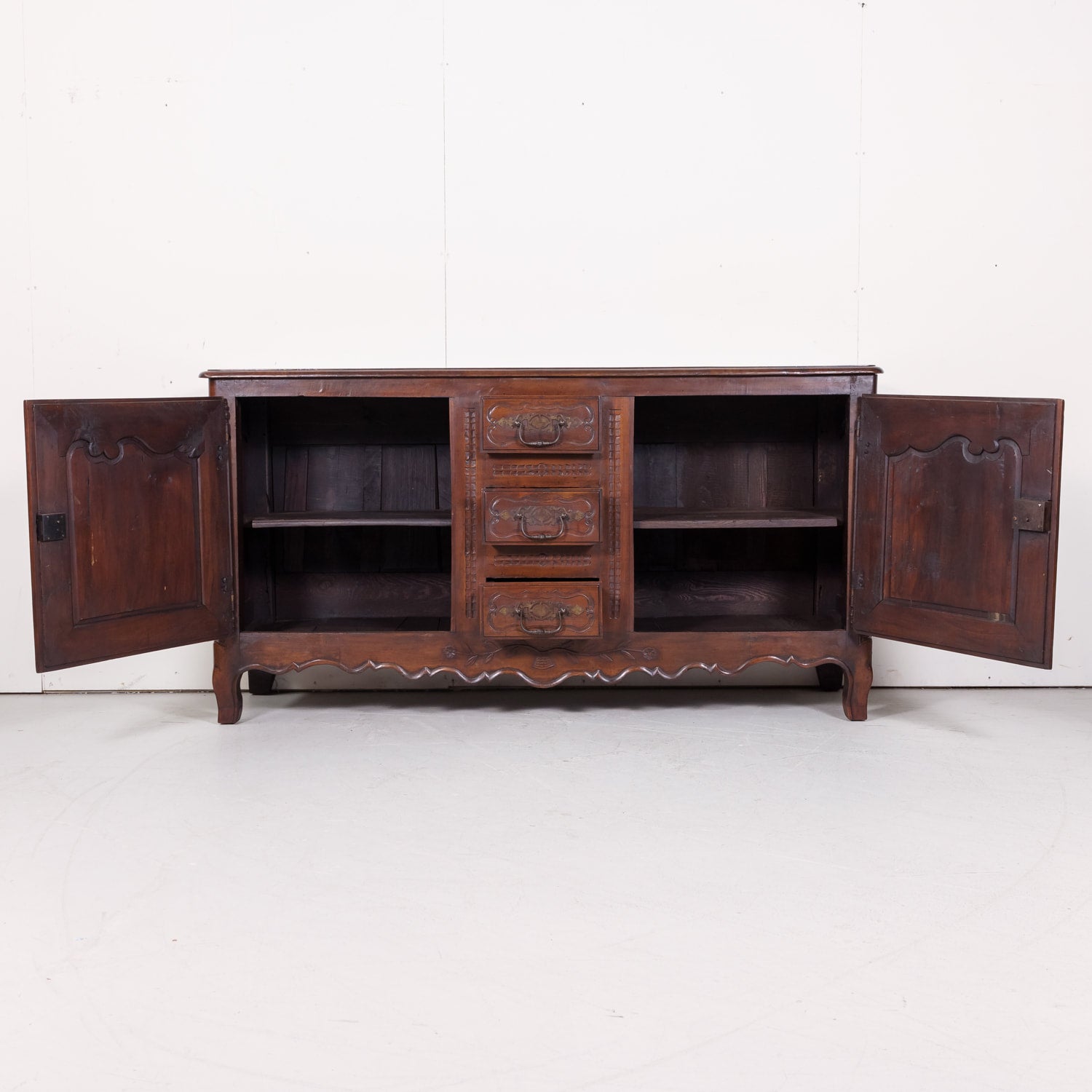 19th Century French Country Louis XV Style Walnut Buffet with Center Drawers