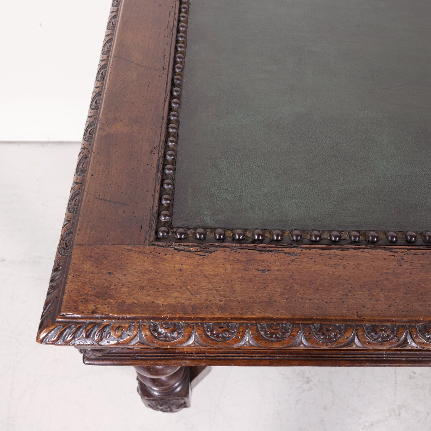 18th Century French Louis XIII Style Carved Oak Barley Twist Bureau Plat or Desk with Green Leather Top