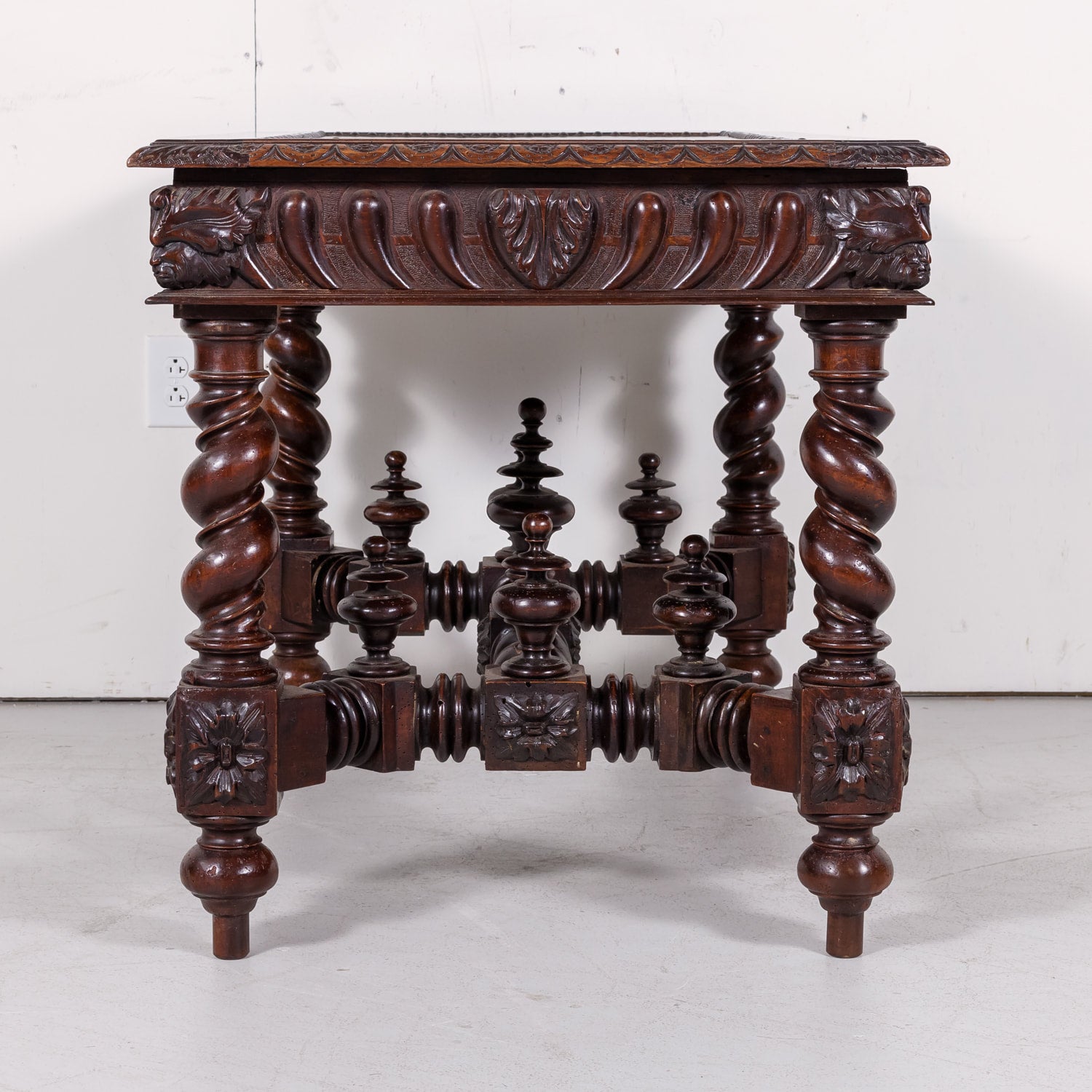 18th Century French Louis XIII Style Carved Oak Barley Twist Bureau Plat or Desk with Green Leather Top