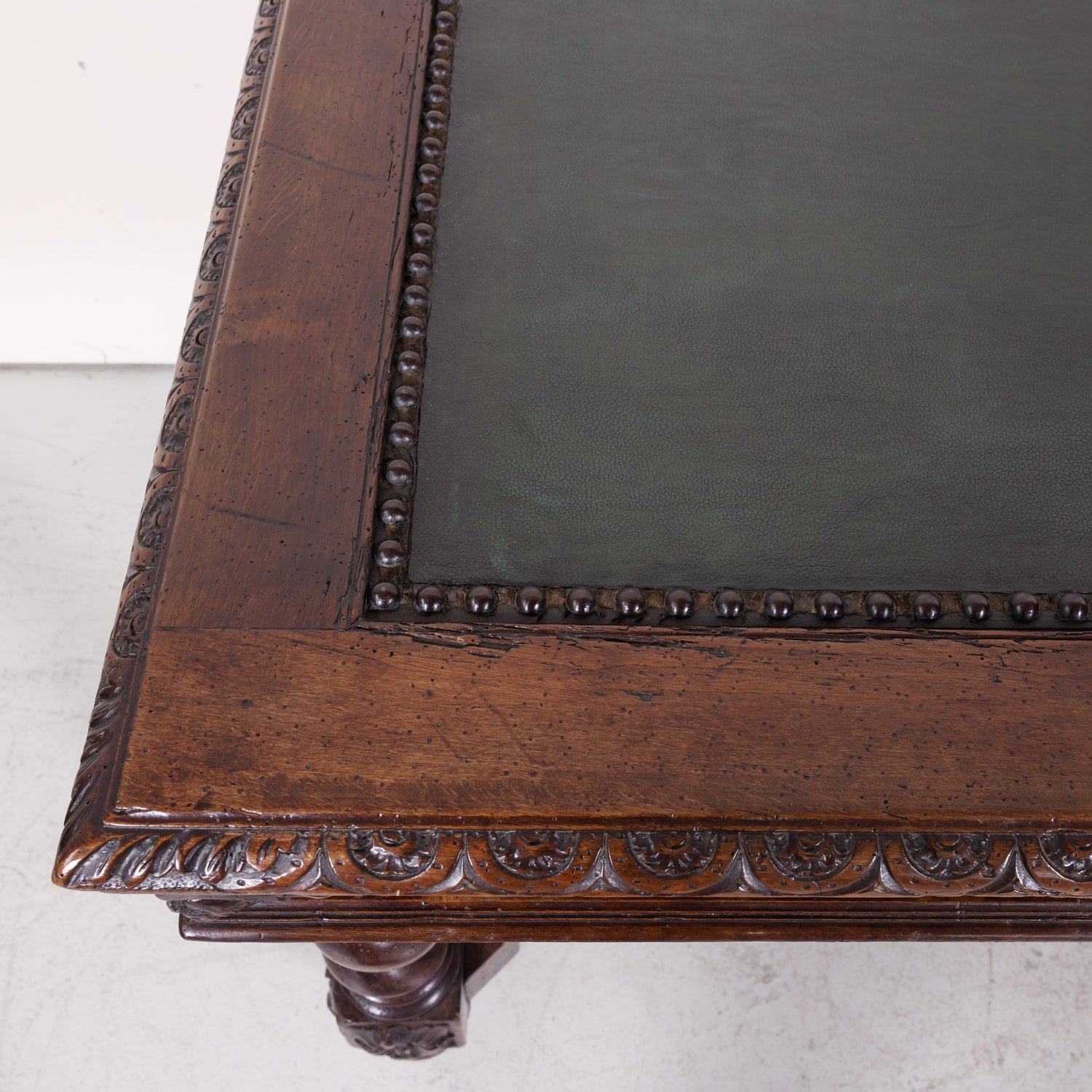 18th Century French Louis XIII Style Carved Oak Barley Twist Bureau Plat or Desk with Green Leather Top