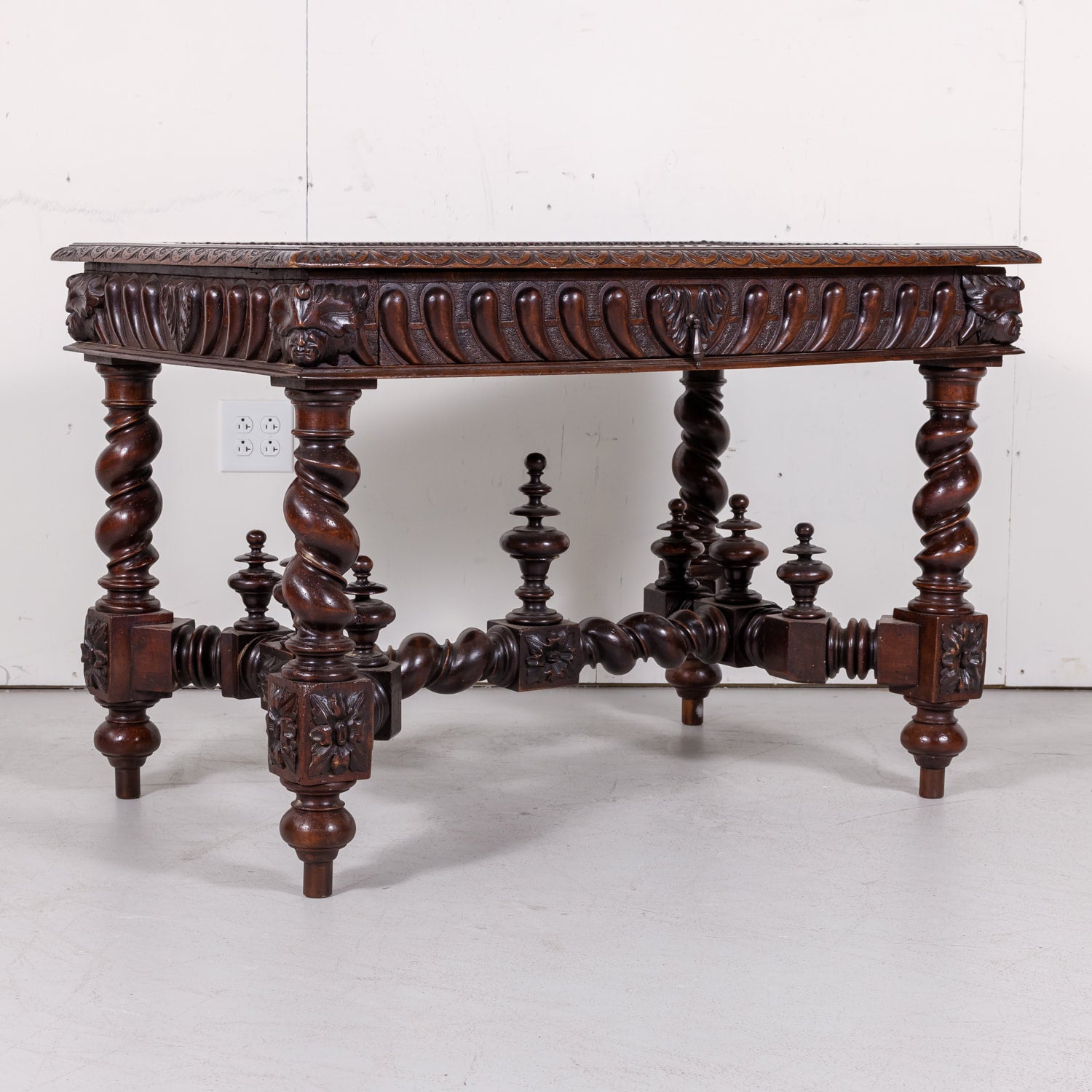 18th Century French Louis XIII Style Carved Oak Barley Twist Bureau Plat or Desk with Green Leather Top