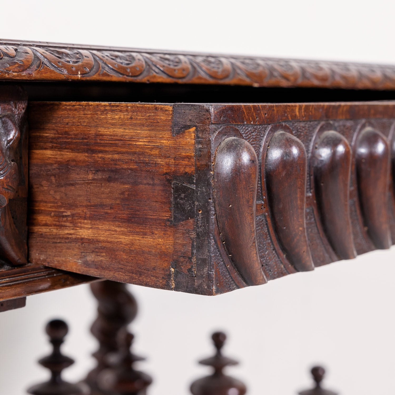 18th Century French Louis XIII Style Carved Oak Barley Twist Bureau Plat or Desk with Green Leather Top