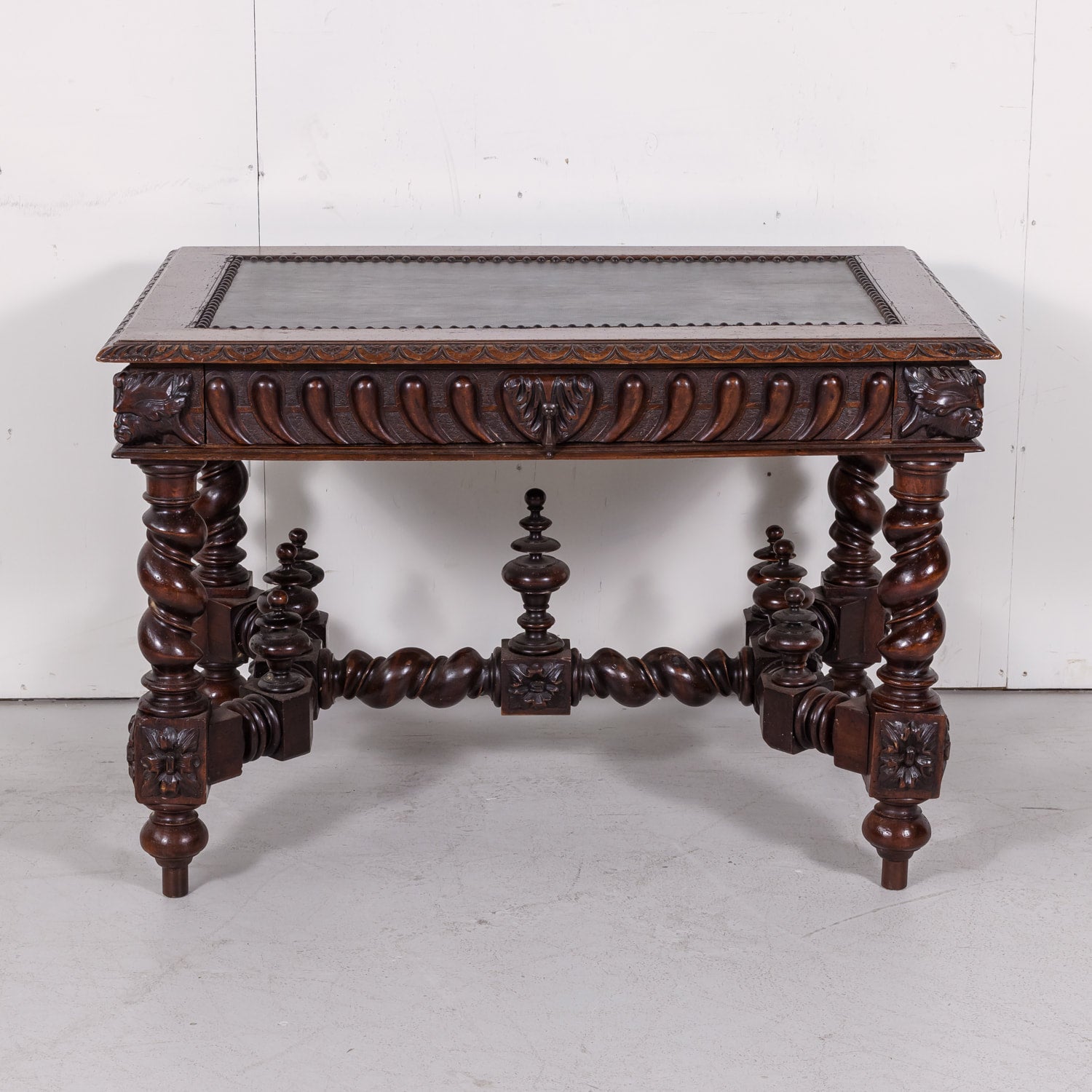 18th Century French Louis XIII Style Carved Oak Barley Twist Bureau Plat or Desk with Green Leather Top