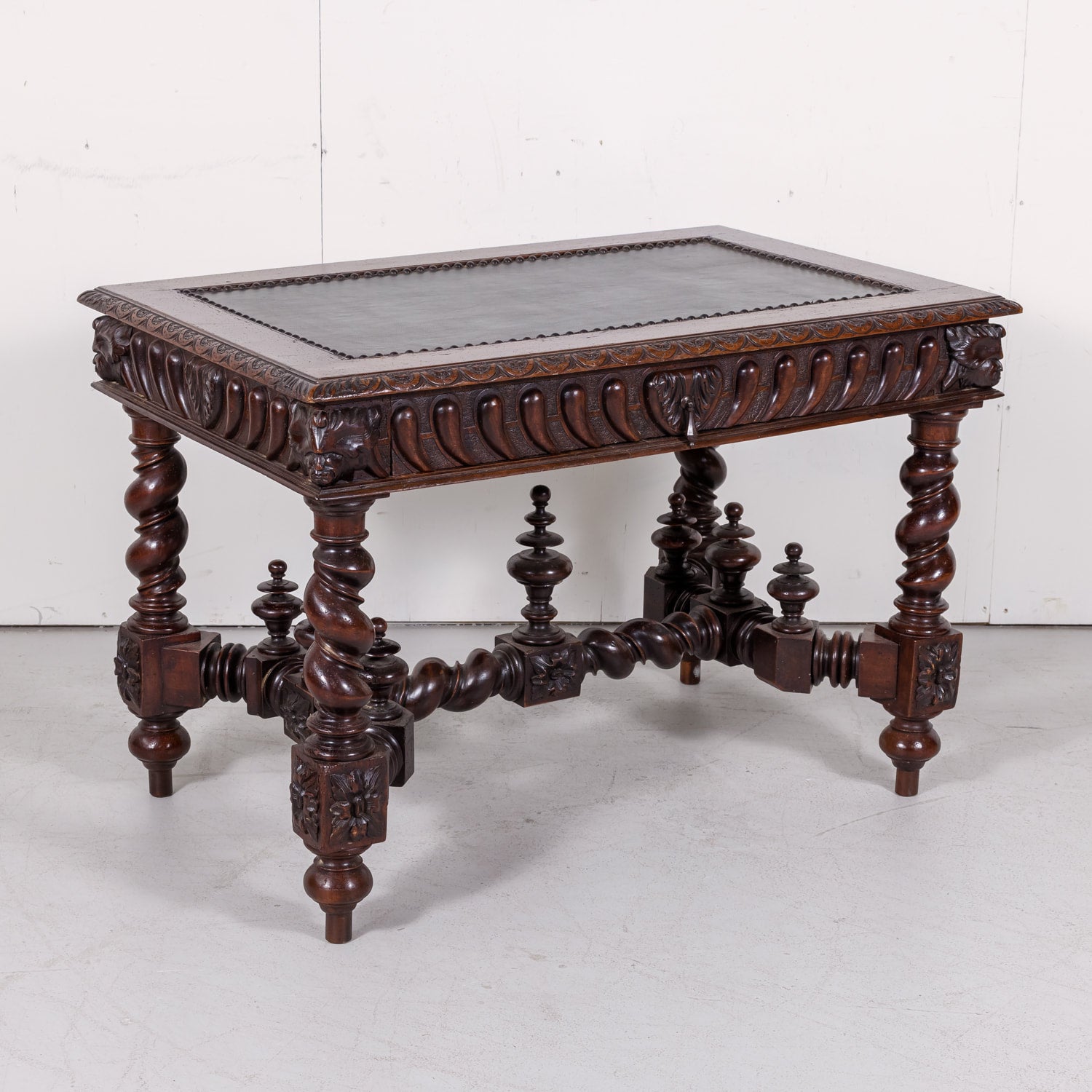 18th Century French Louis XIII Style Carved Oak Barley Twist Bureau Plat or Desk with Green Leather Top