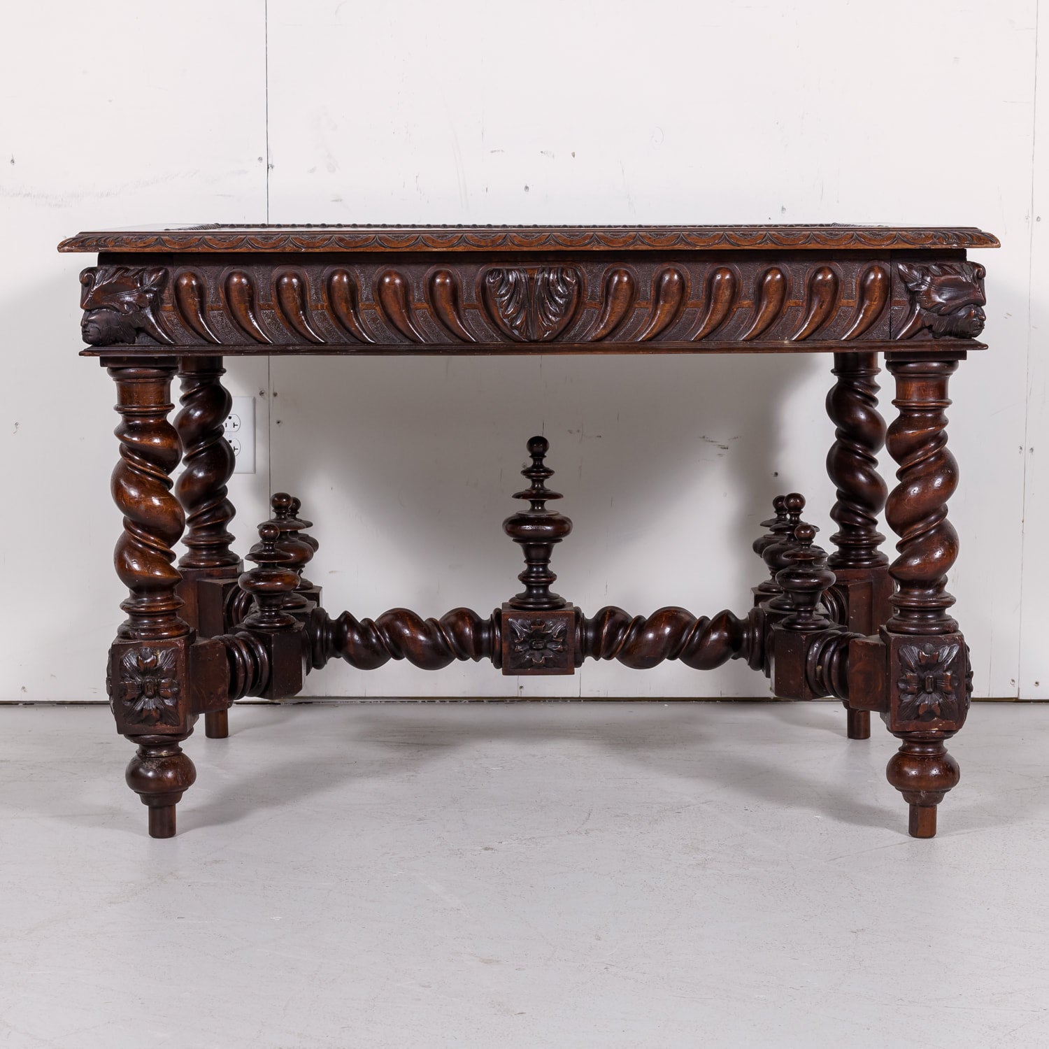 18th Century French Louis XIII Style Carved Oak Barley Twist Bureau Plat or Desk with Green Leather Top