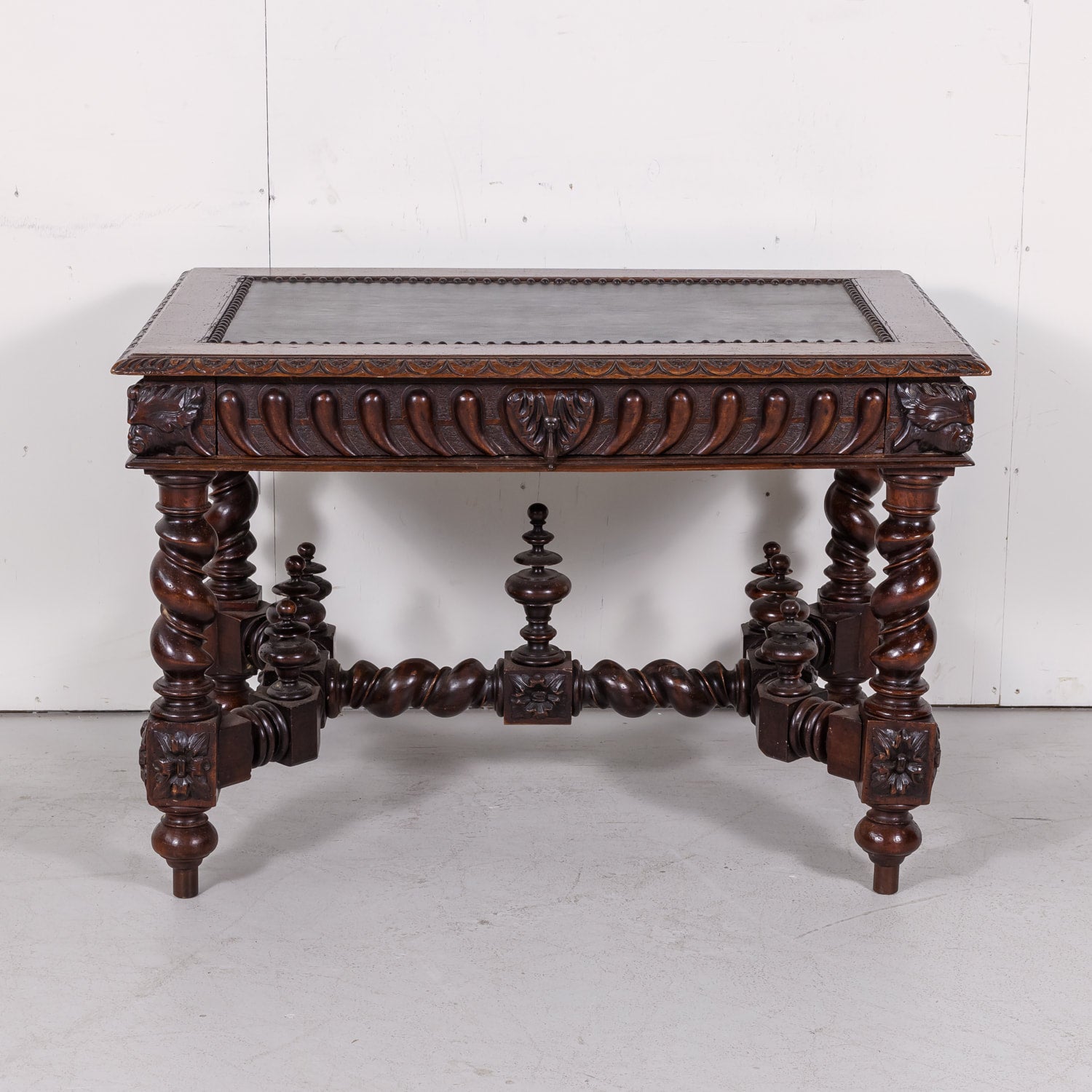 18th Century French Louis XIII Style Carved Oak Barley Twist Bureau Plat or Desk with Green Leather Top