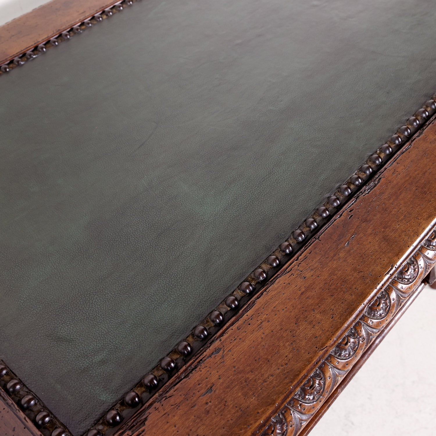 18th Century French Louis XIII Style Carved Oak Barley Twist Bureau Plat or Desk with Green Leather Top