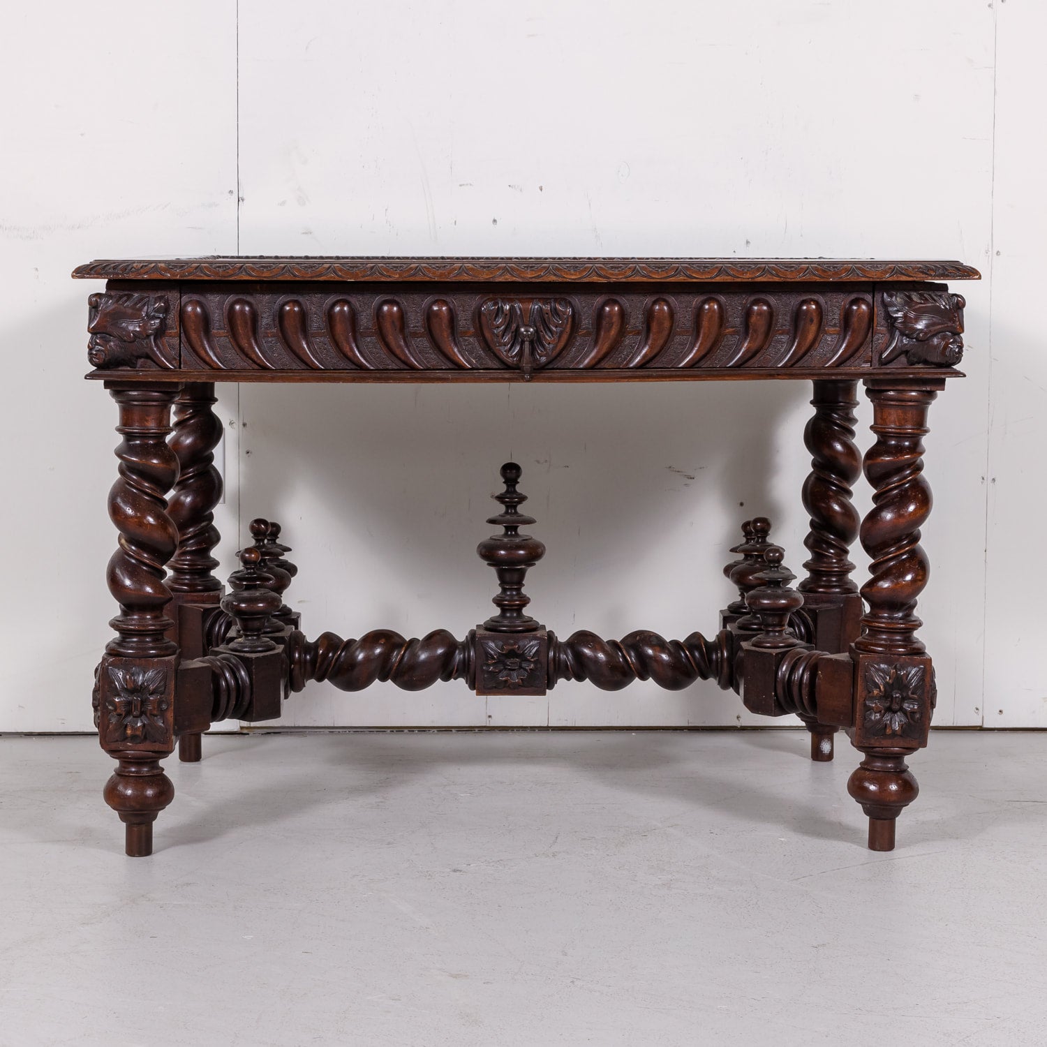 18th Century French Louis XIII Style Carved Oak Barley Twist Bureau Plat or Desk with Green Leather Top