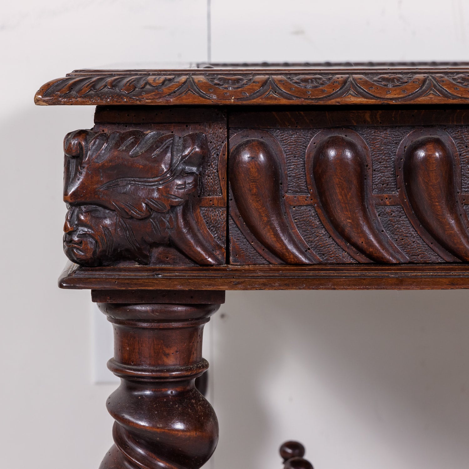 18th Century French Louis XIII Style Carved Oak Barley Twist Bureau Plat or Desk with Green Leather Top