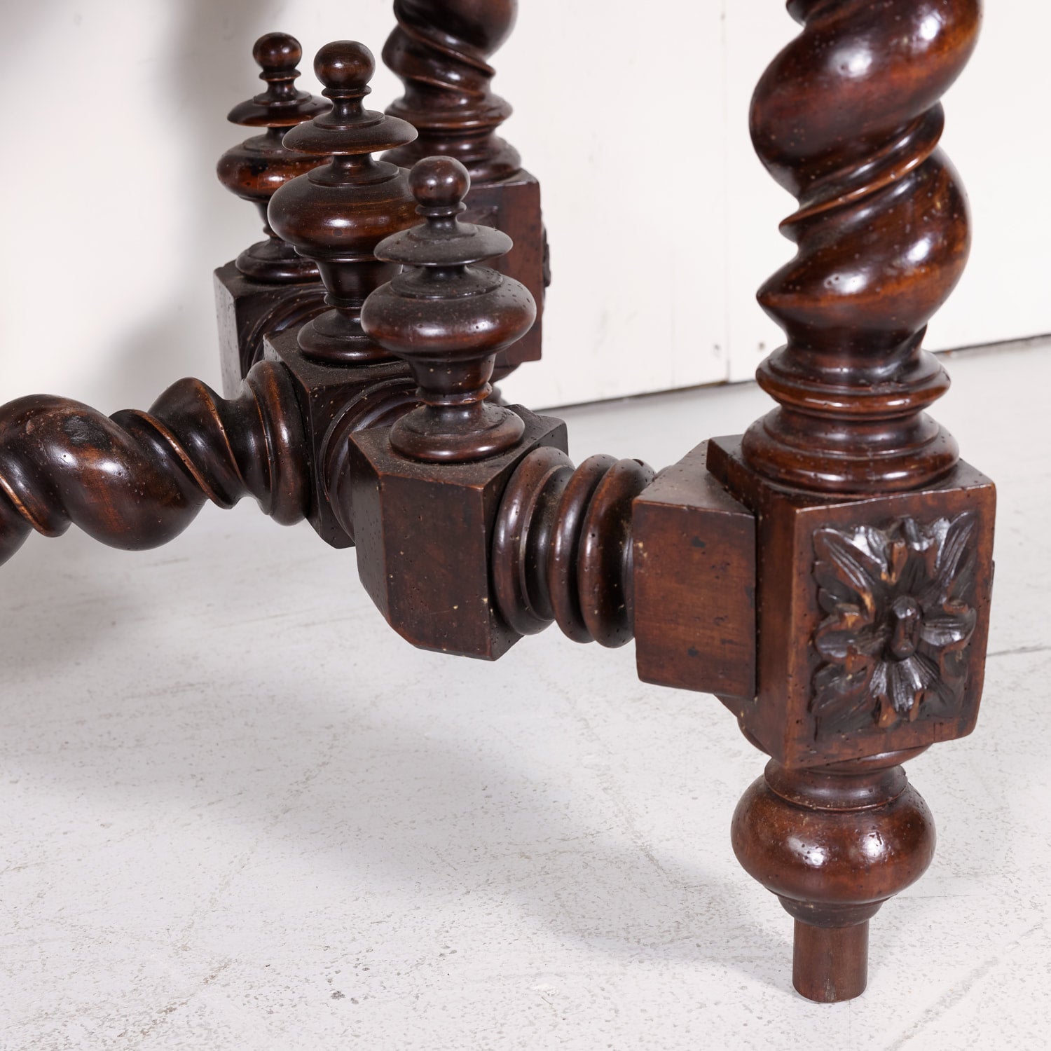 18th Century French Louis XIII Style Carved Oak Barley Twist Bureau Plat or Desk with Green Leather Top