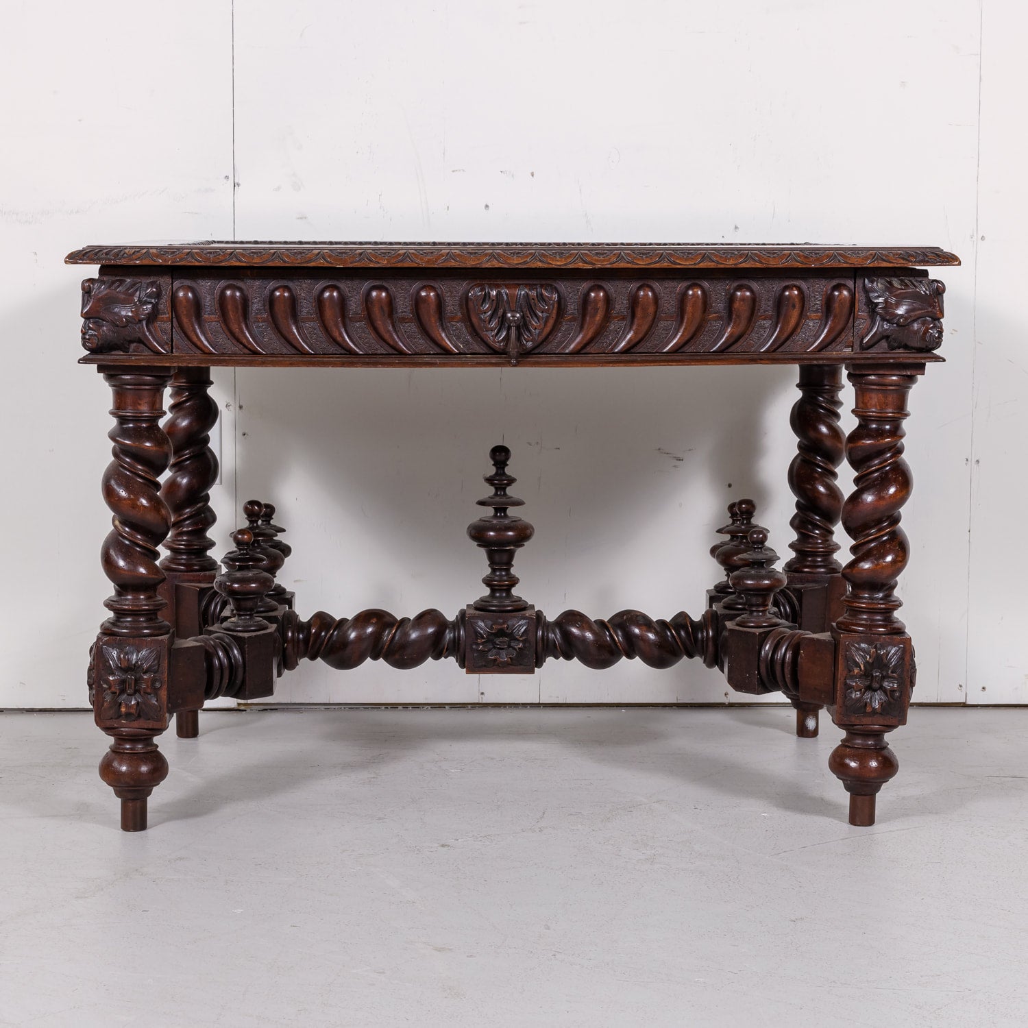 18th Century French Louis XIII Style Carved Oak Barley Twist Bureau Plat or Desk with Green Leather Top