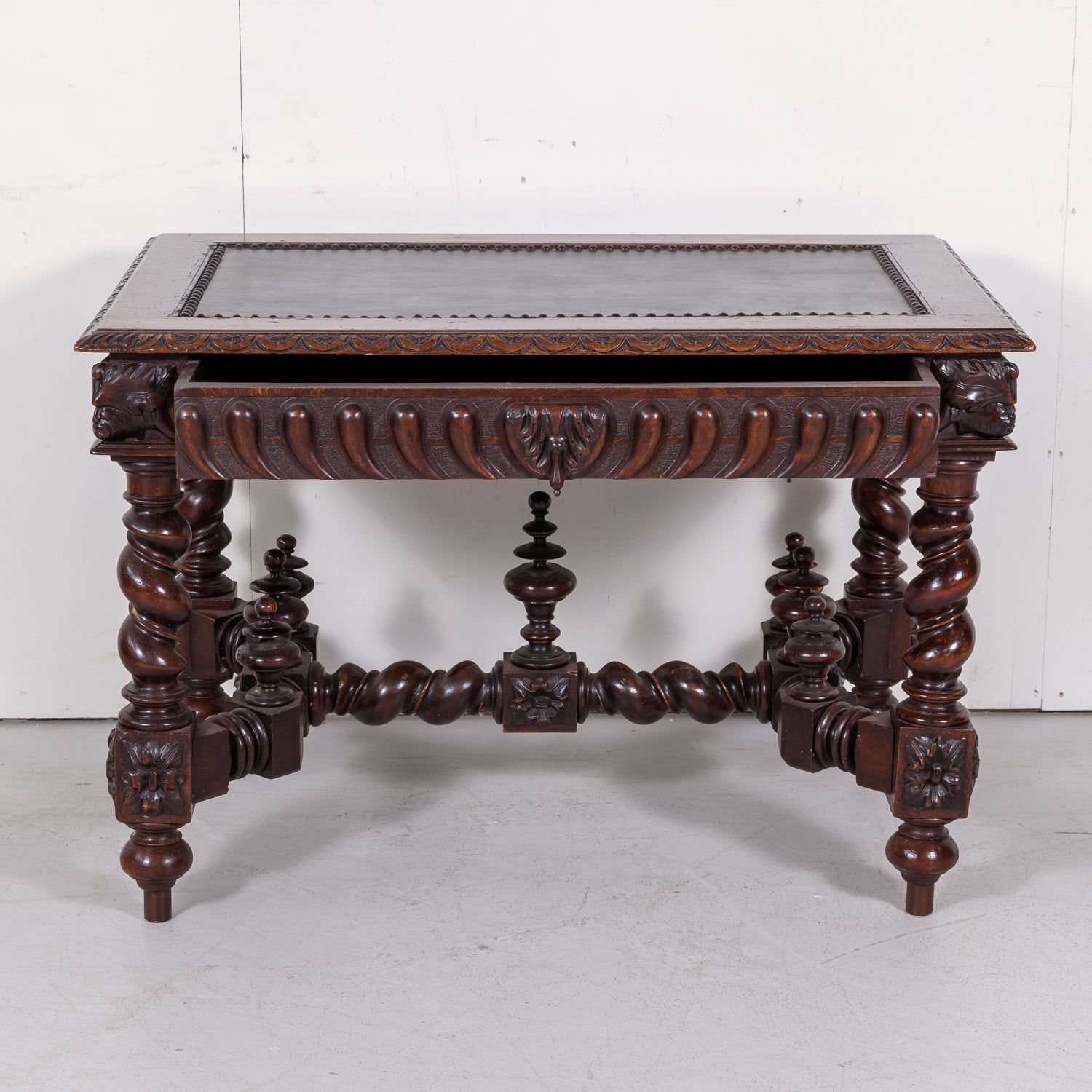 18th Century French Louis XIII Style Carved Oak Barley Twist Bureau Plat or Desk with Green Leather Top