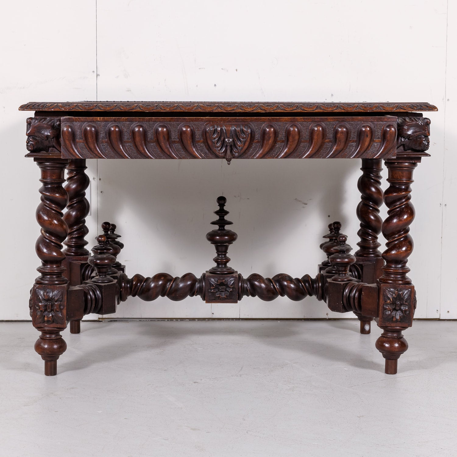 18th Century French Louis XIII Style Carved Oak Barley Twist Bureau Plat or Desk with Green Leather Top