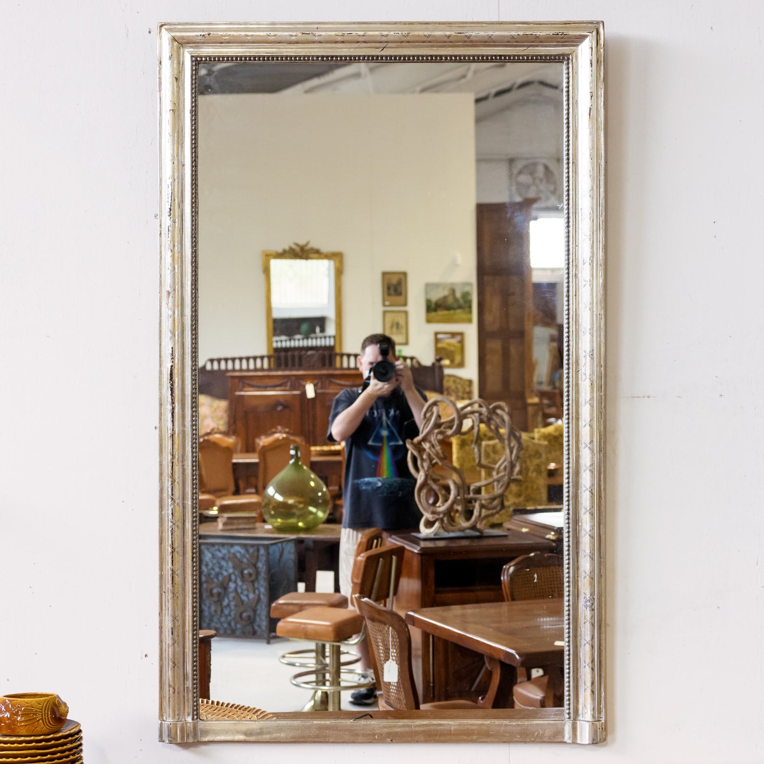 Large 19th Century French Period Louis Philippe Rectangular Silver Leaf Mirror