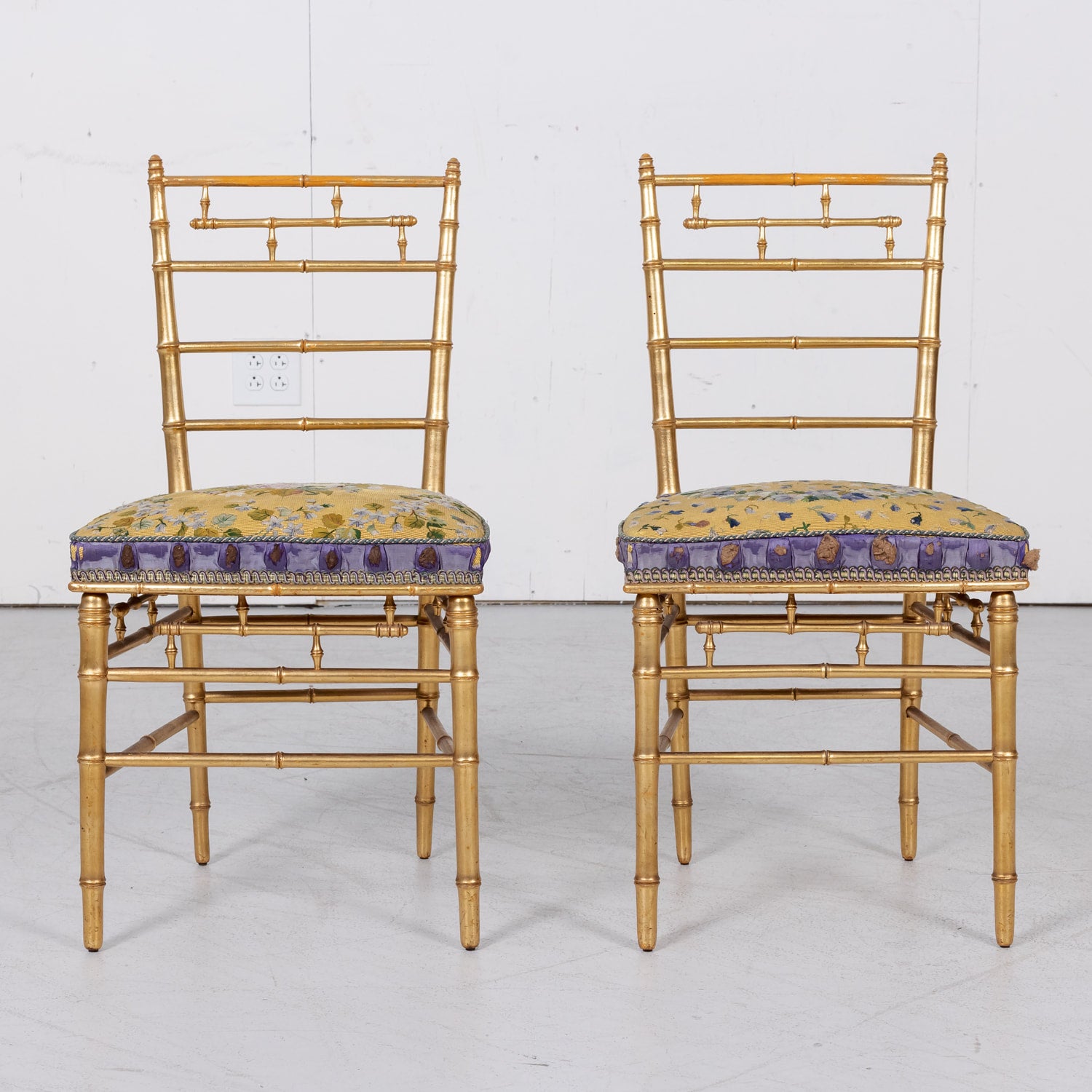 His and Her Pair of Antique French Faux Bamboo Giltwood Opera Chairs