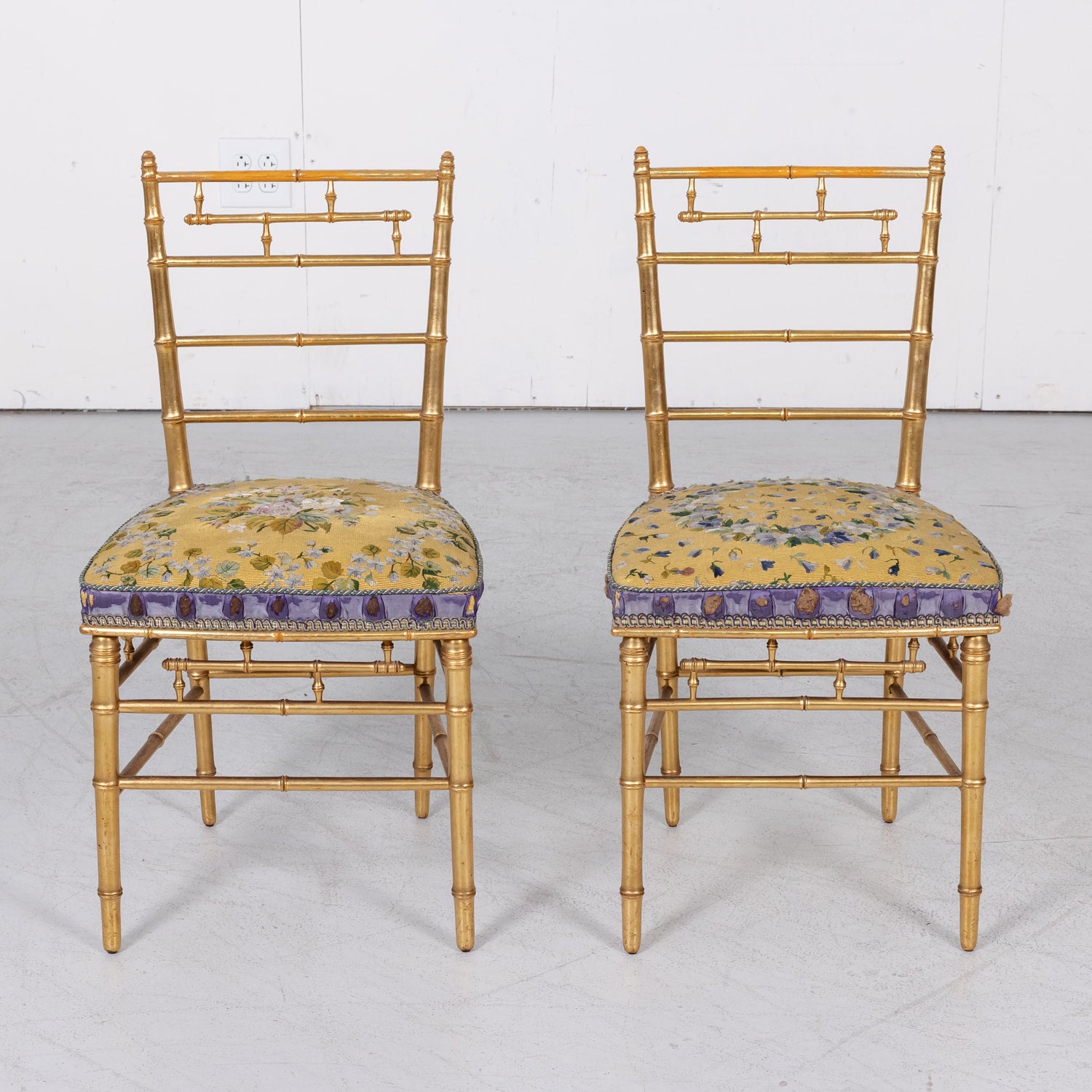 His and Her Pair of Antique French Faux Bamboo Giltwood Opera Chairs