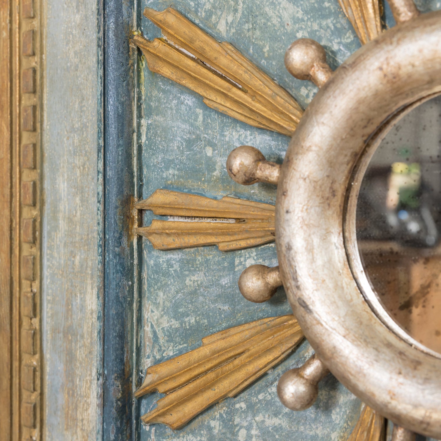Framed Gold and Silver Leaf Italian Sunburst Mirror with 19th Century Giltwood Fragments
