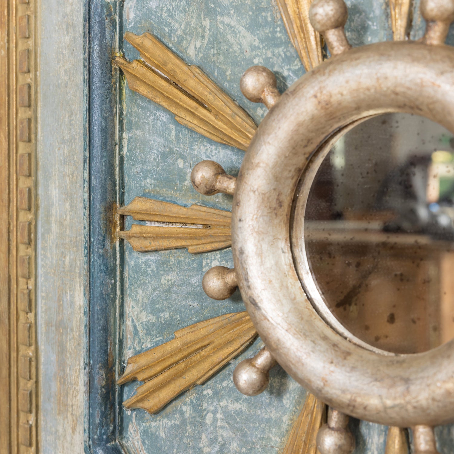 Framed Gold and Silver Leaf Italian Sunburst Mirror with 19th Century Giltwood Fragments