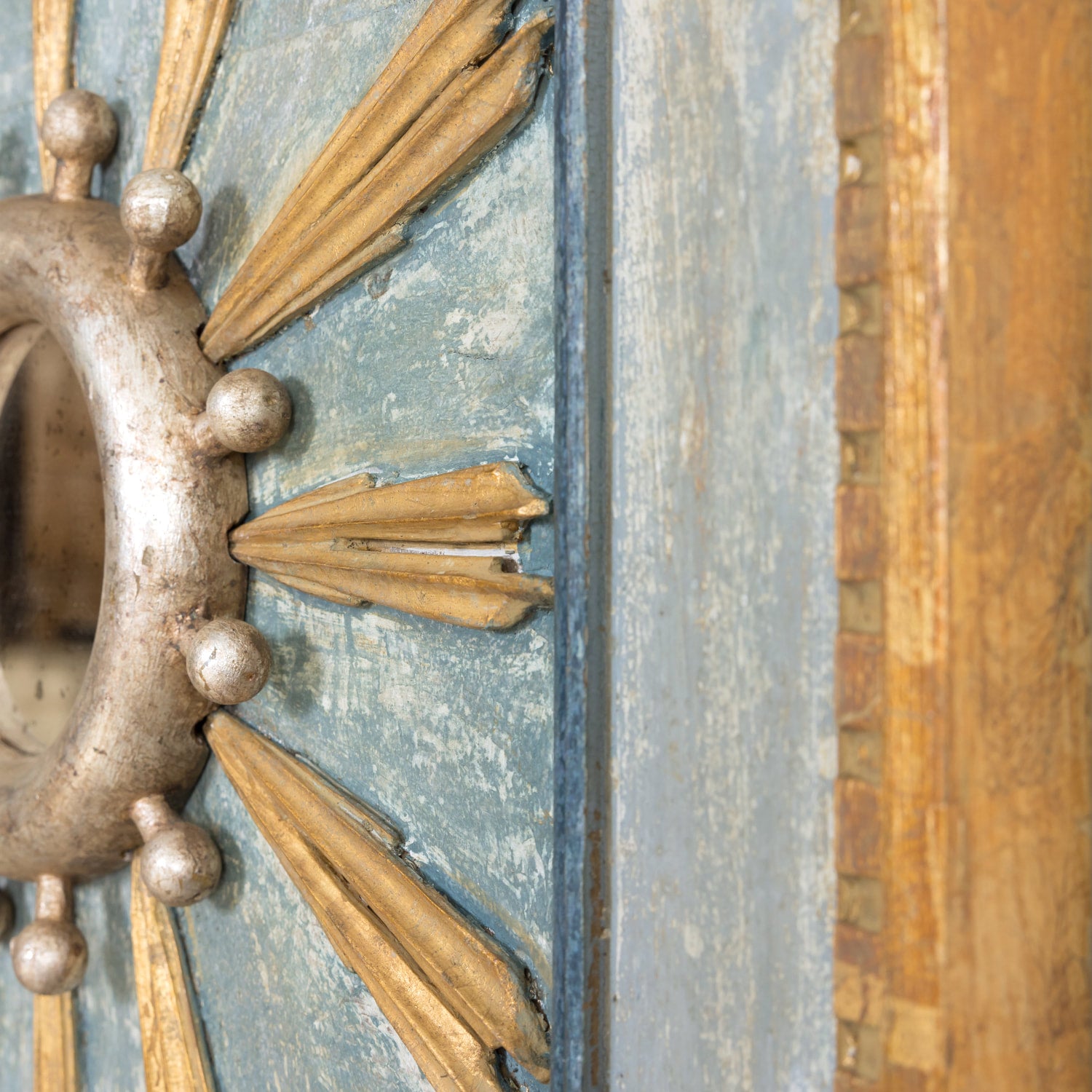 Framed Gold and Silver Leaf Italian Sunburst Mirror with 19th Century Giltwood Fragments