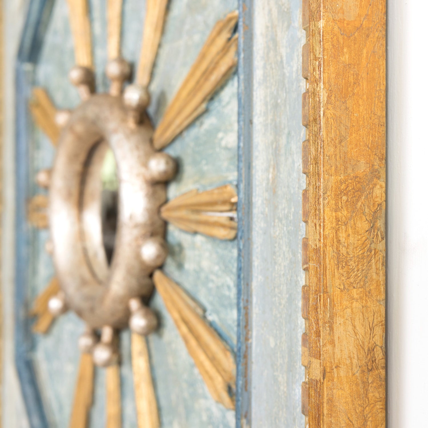 Framed Gold and Silver Leaf Italian Sunburst Mirror with 19th Century Giltwood Fragments