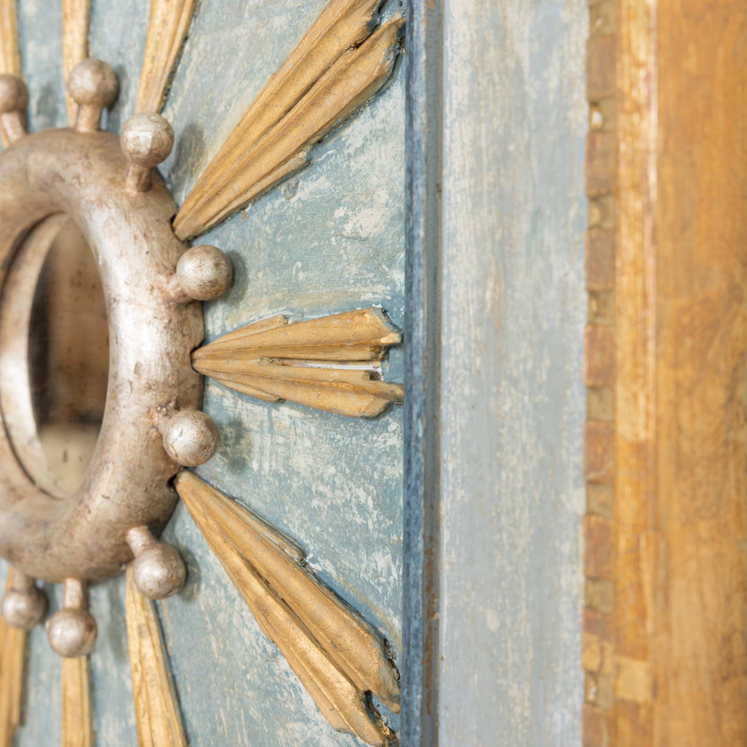 Framed Gold and Silver Leaf Italian Sunburst Mirror with 19th Century Giltwood Fragments