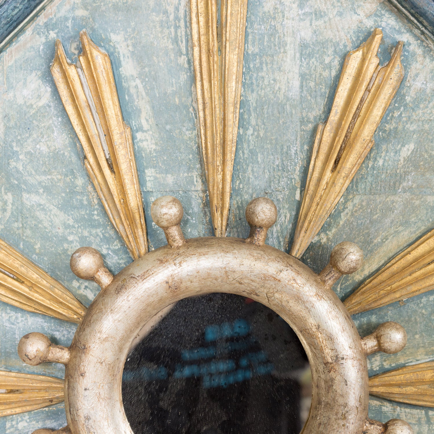 Framed Gold and Silver Leaf Italian Sunburst Mirror with 19th Century Giltwood Fragments