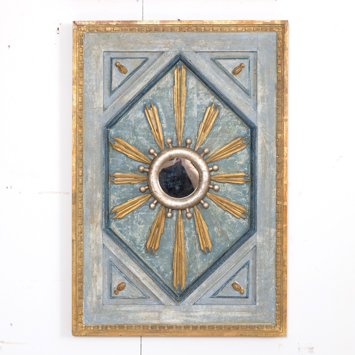 Framed Gold and Silver Leaf Italian Sunburst Mirror with 19th Century Giltwood Fragments