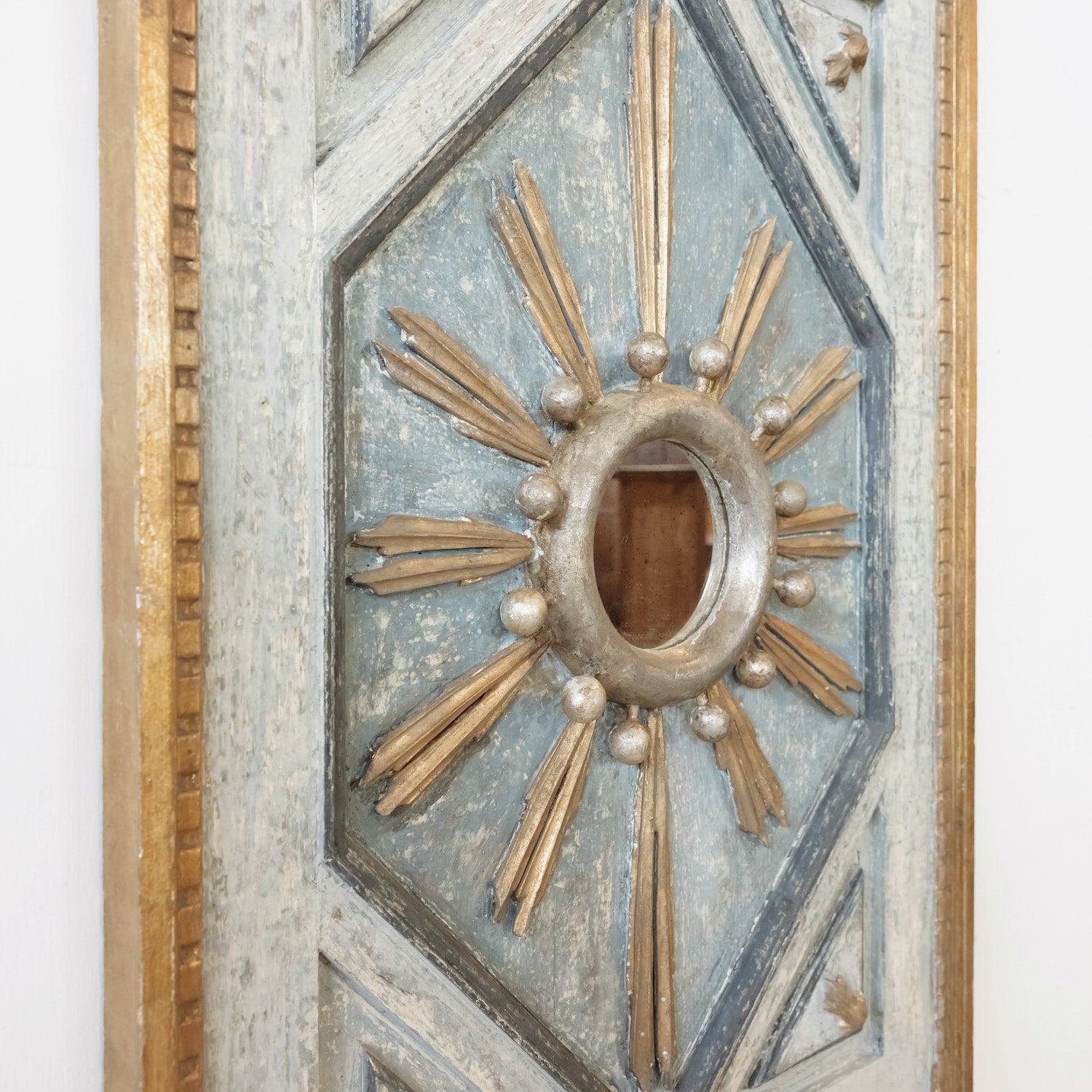 Framed Gold and Silver Leaf Italian Sunburst Mirror with 19th Century Giltwood Fragments