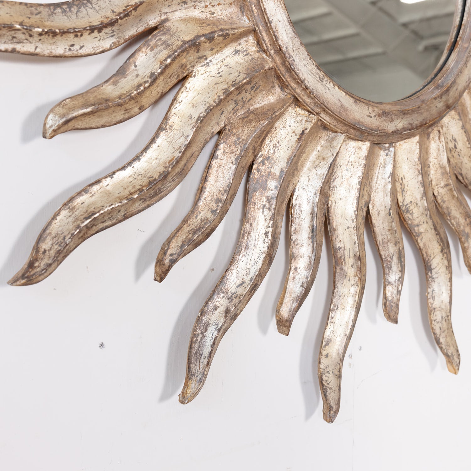 Vintage Hand Carved Italian Silver Leaf Sunburst Mirror