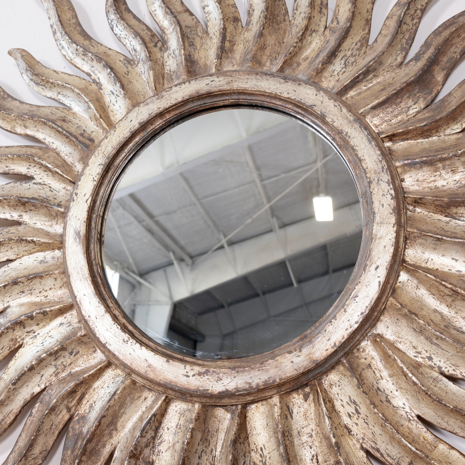 Vintage Hand Carved Italian Silver Leaf Sunburst Mirror