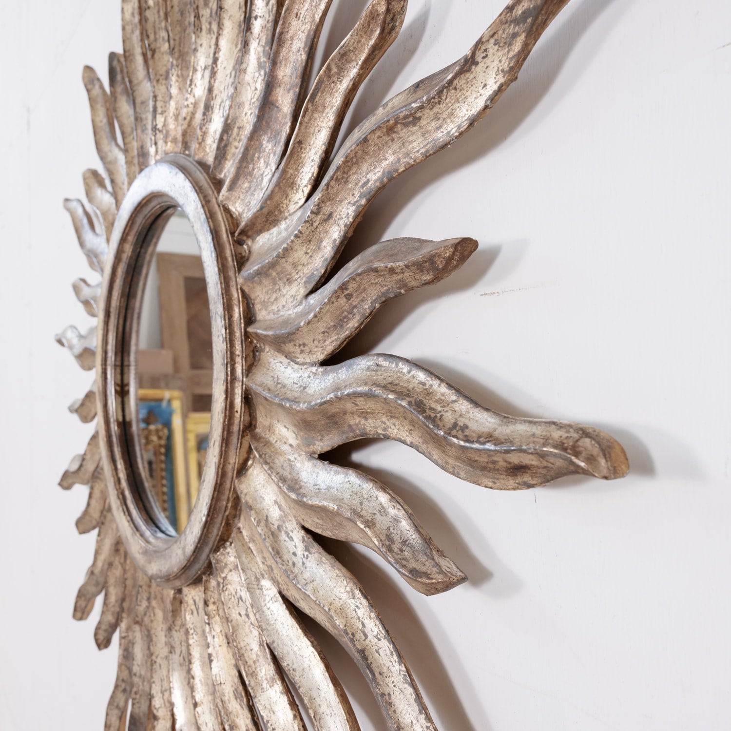 Vintage Hand Carved Italian Silver Leaf Sunburst Mirror