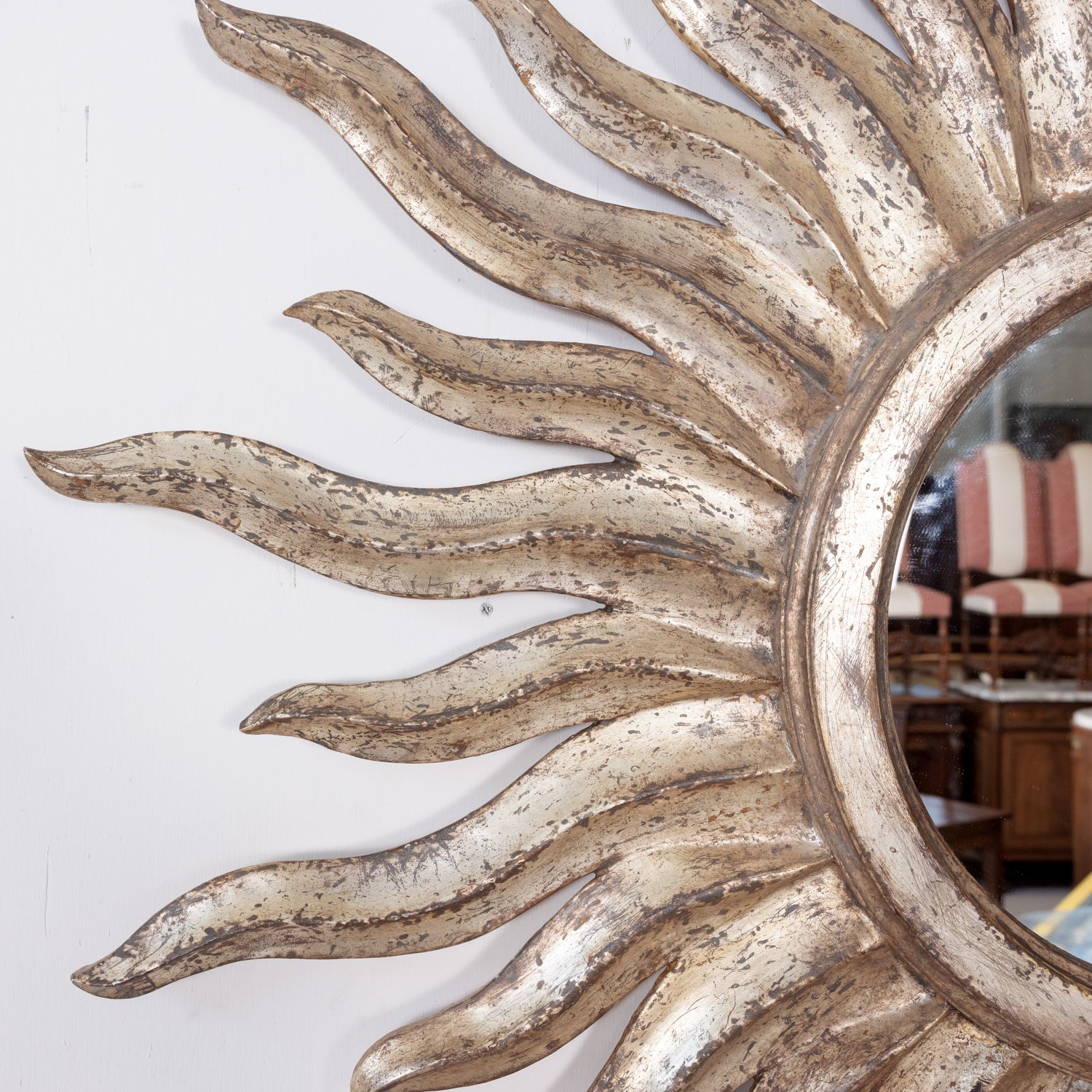 Vintage Hand Carved Italian Silver Leaf Sunburst Mirror