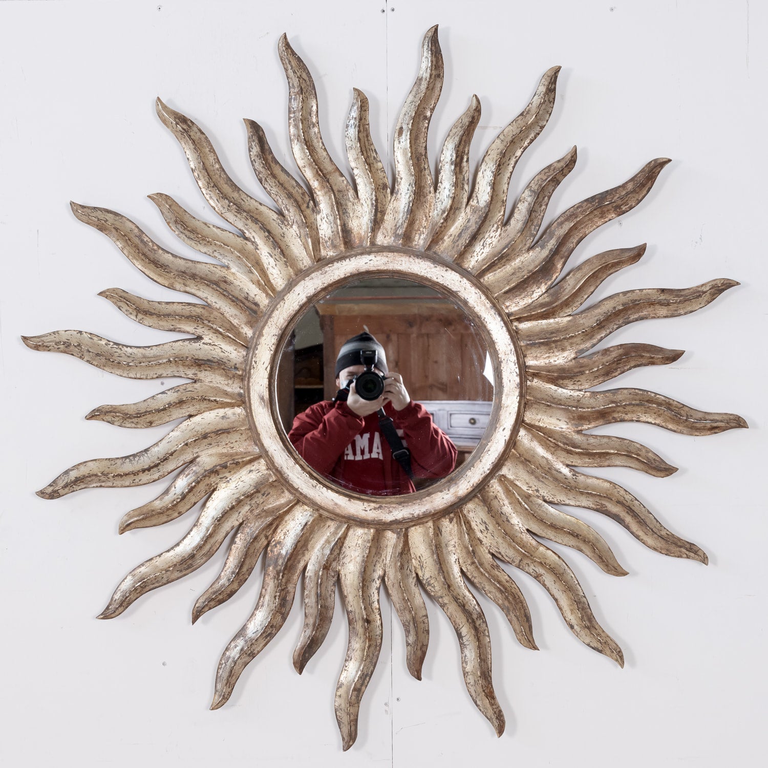 Vintage Hand Carved Italian Silver Leaf Sunburst Mirror