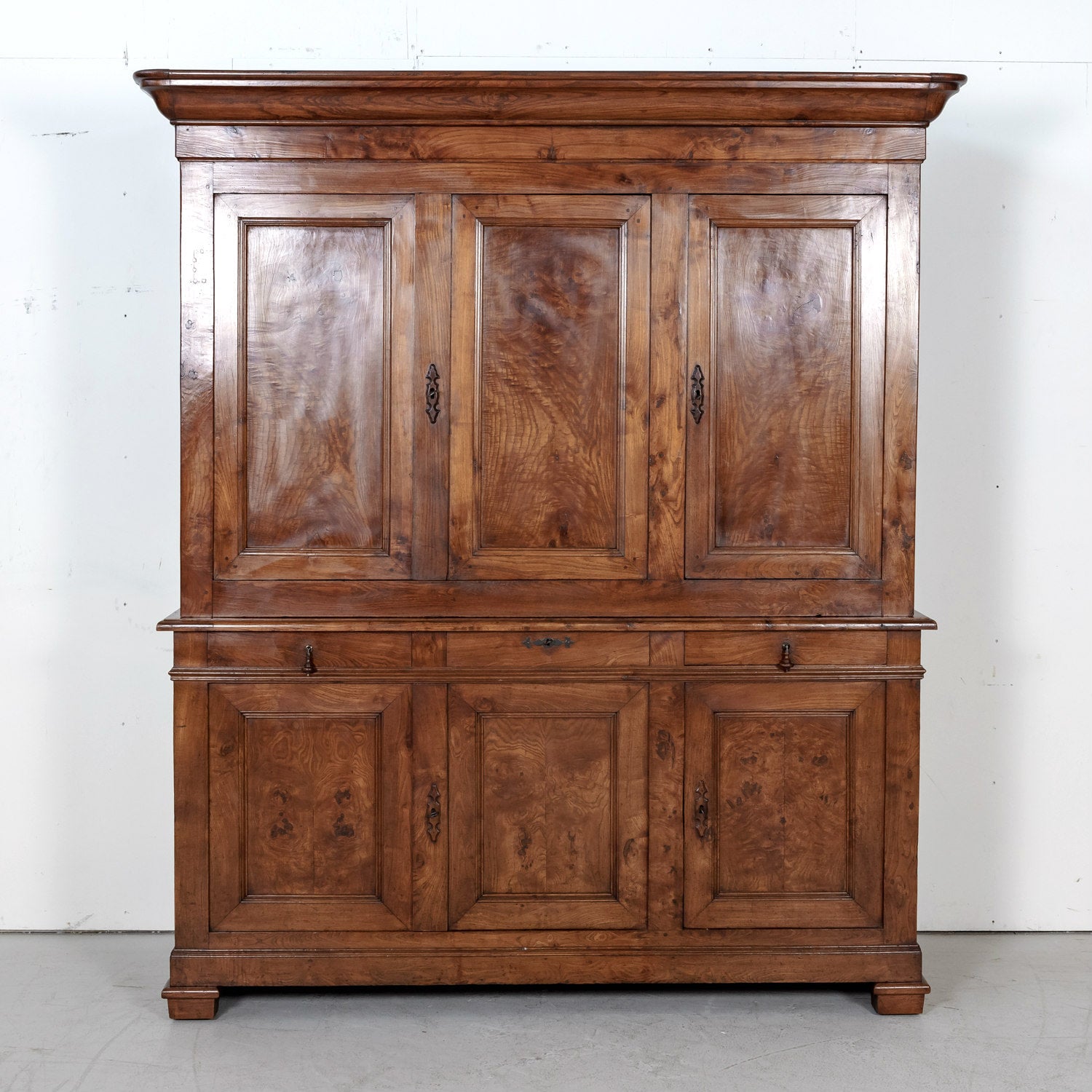 Large 19th Century French Louis Philippe Period Chestnut and Burled Chestnut Buffet Deux Corps