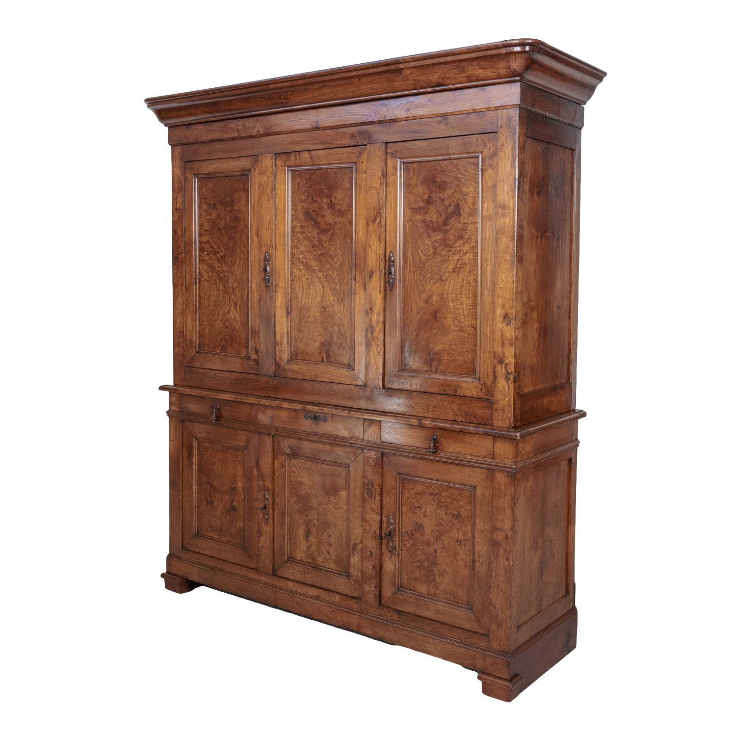 Large 19th Century French Louis Philippe Period Chestnut and Burled Chestnut Buffet Deux Corps