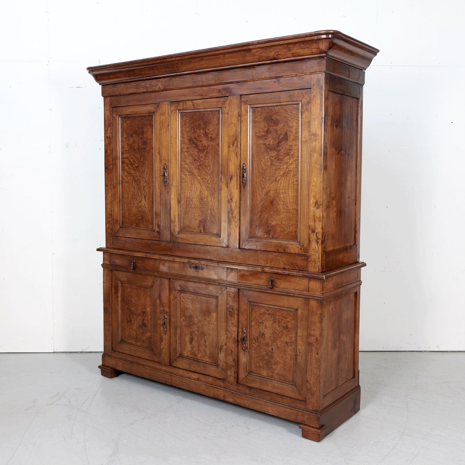 Large 19th Century French Louis Philippe Period Chestnut and Burled Chestnut Buffet Deux Corps