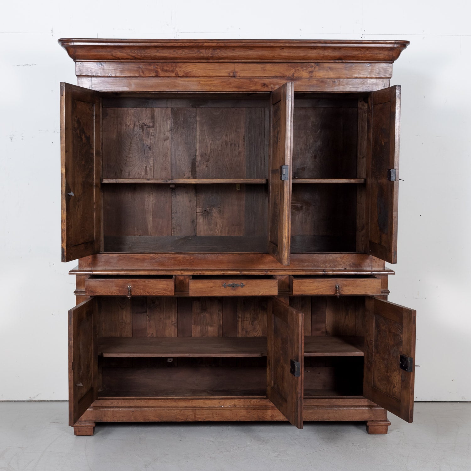 Large 19th Century French Louis Philippe Period Chestnut and Burled Chestnut Buffet Deux Corps