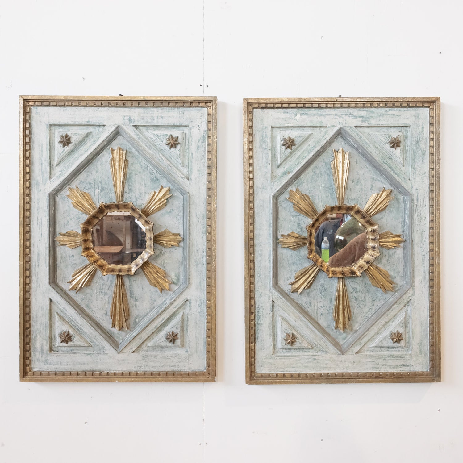 Framed Italian Gold and Silver Leaf Sunburst Panels Pair