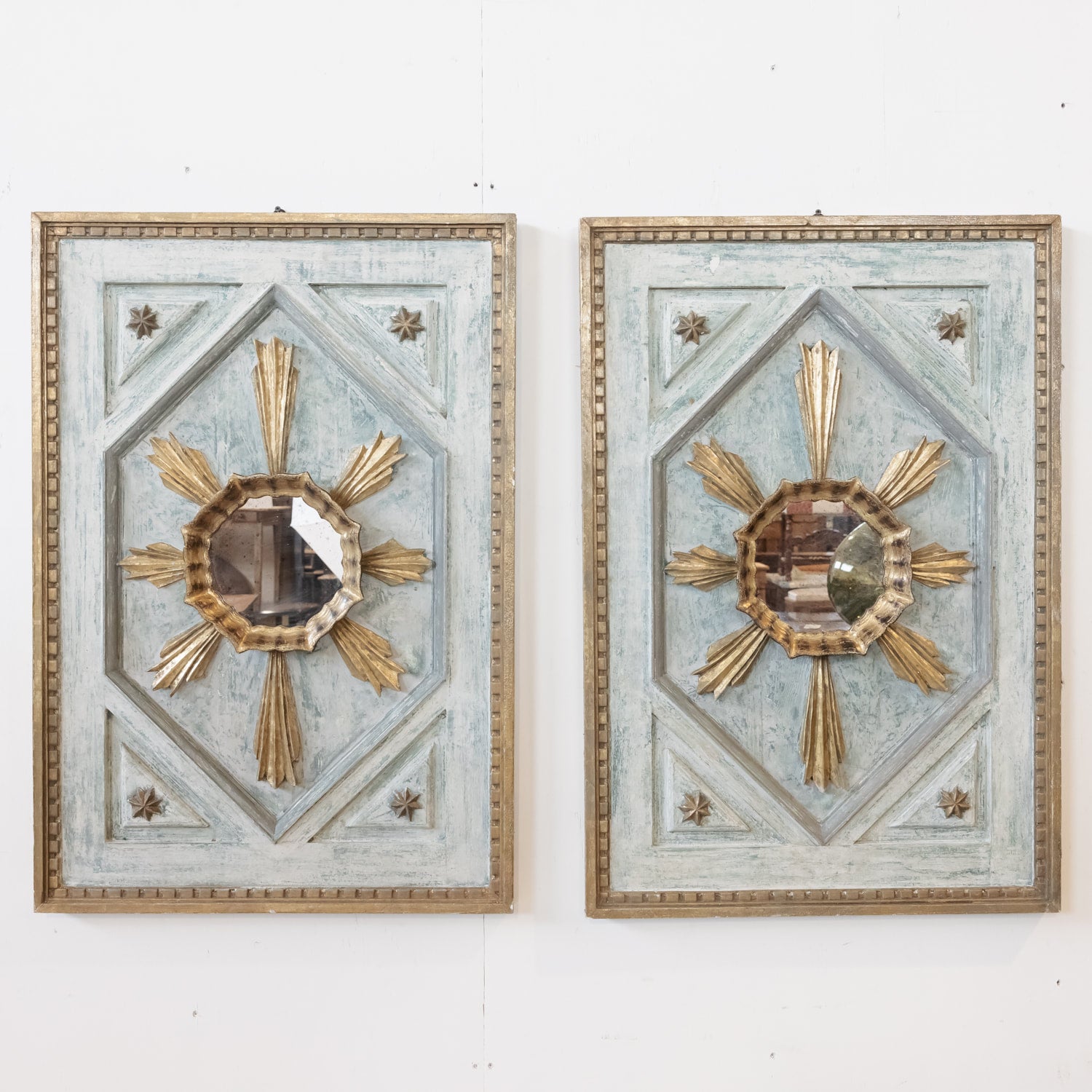 Framed Italian Gold and Silver Leaf Sunburst Panels Pair