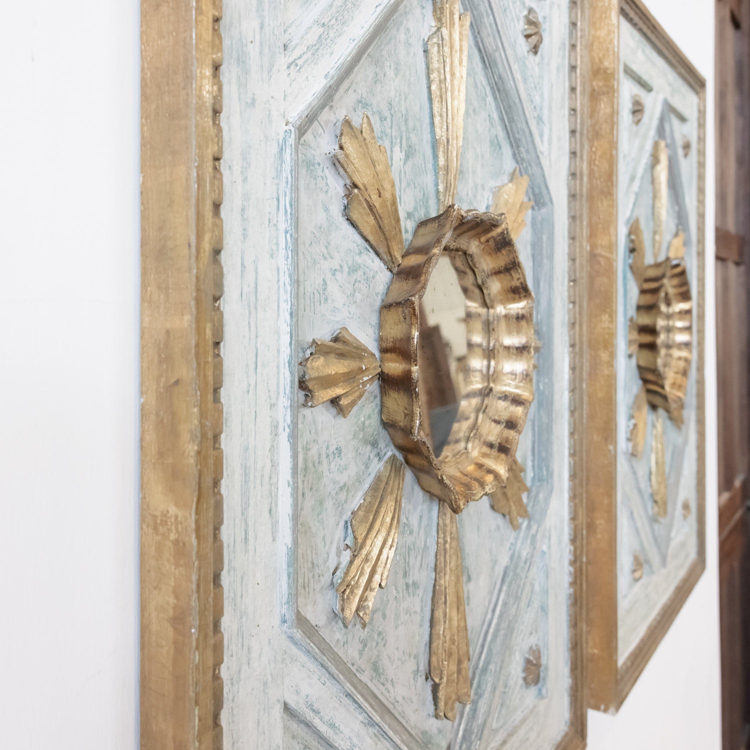 Framed Italian Gold and Silver Leaf Sunburst Panels Pair
